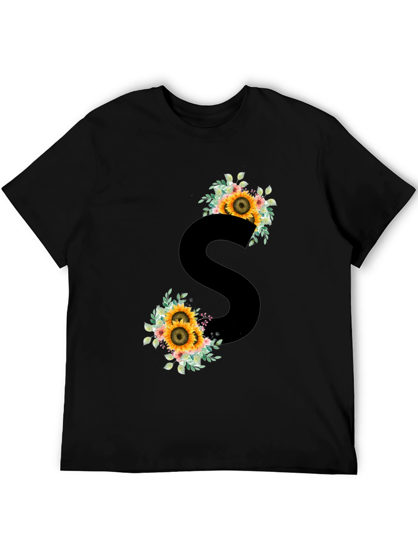 Floral Initial S Black T-Shirt