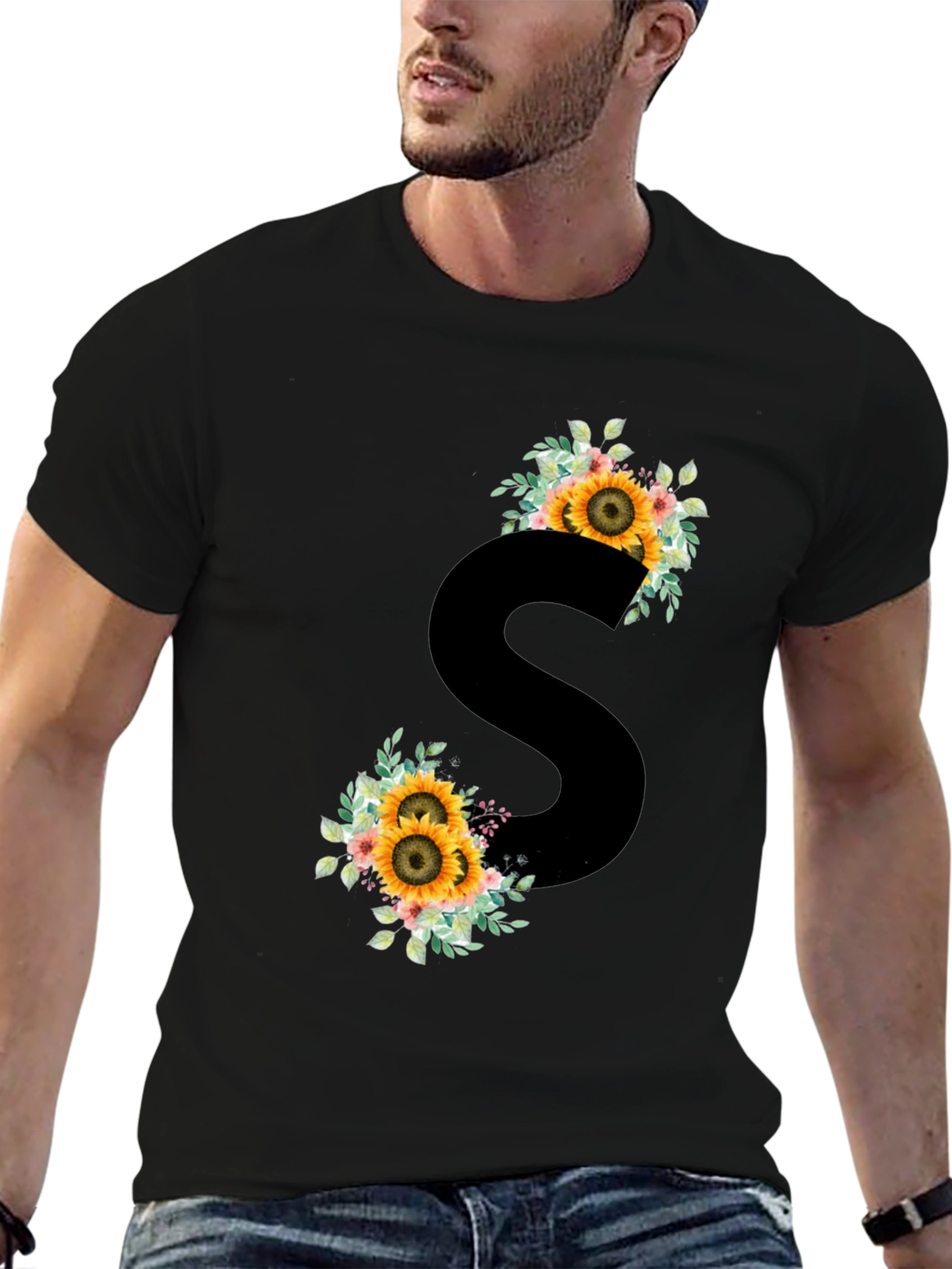 Floral Initial S Black T-Shirt
