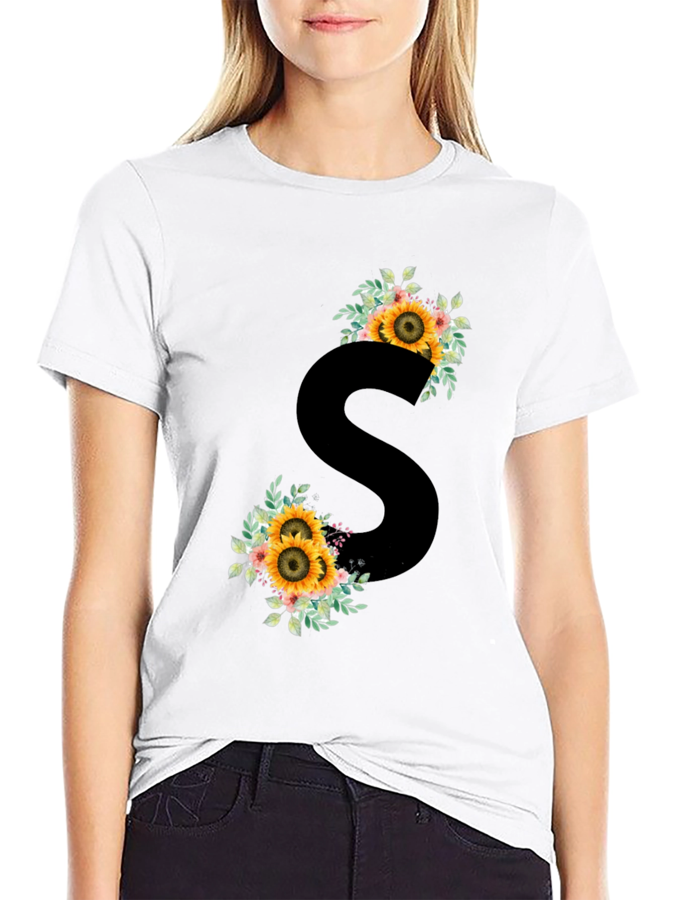 Floral Initial S Black T-Shirt