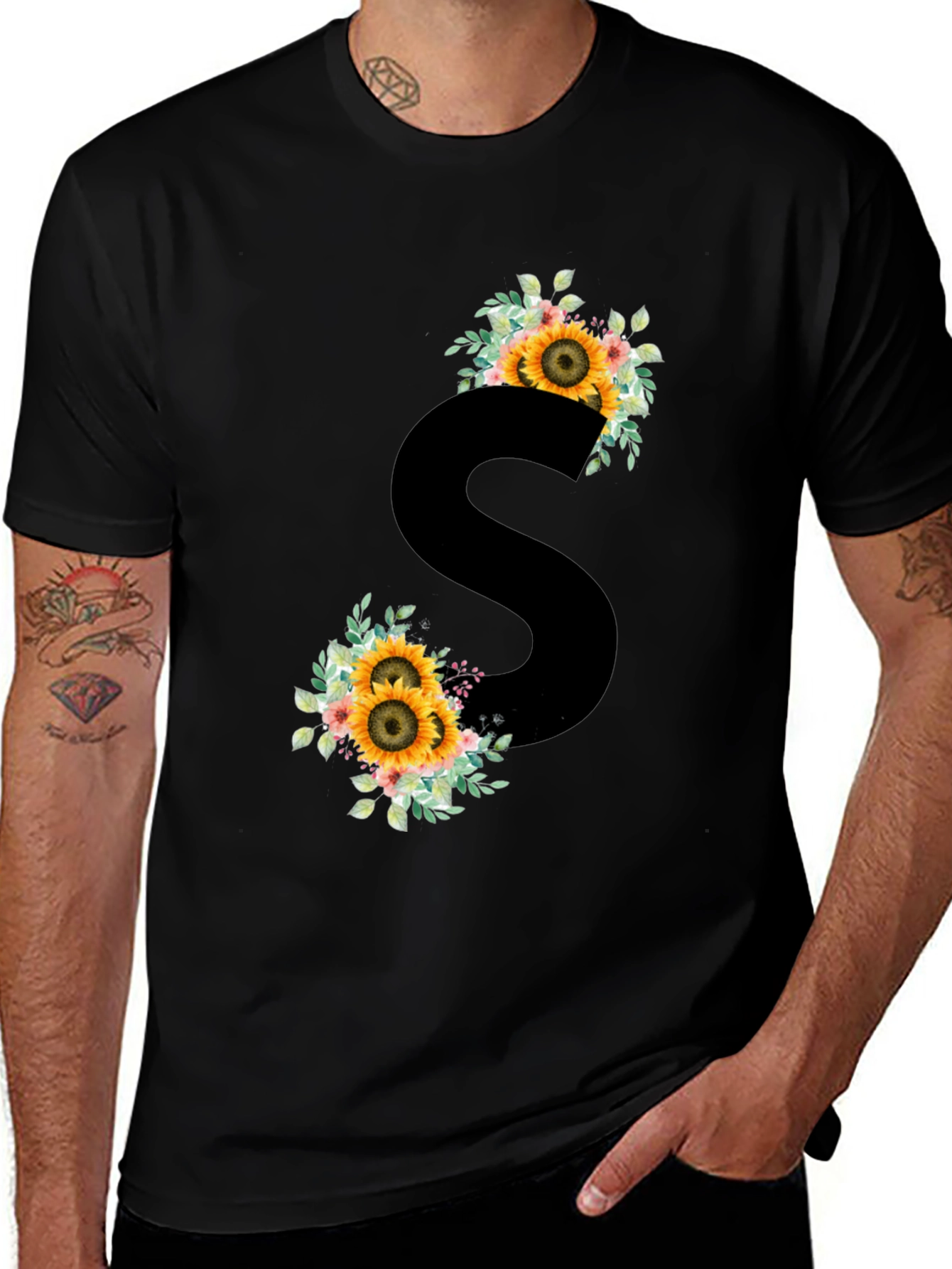 Floral Initial S Black T-Shirt