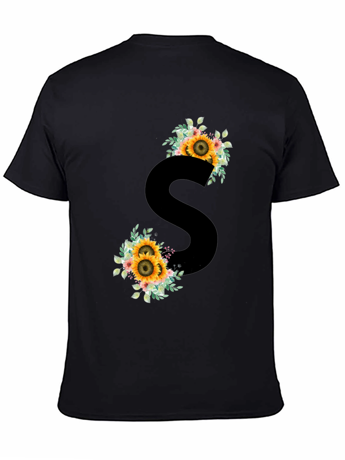 Floral Initial S Black T-Shirt