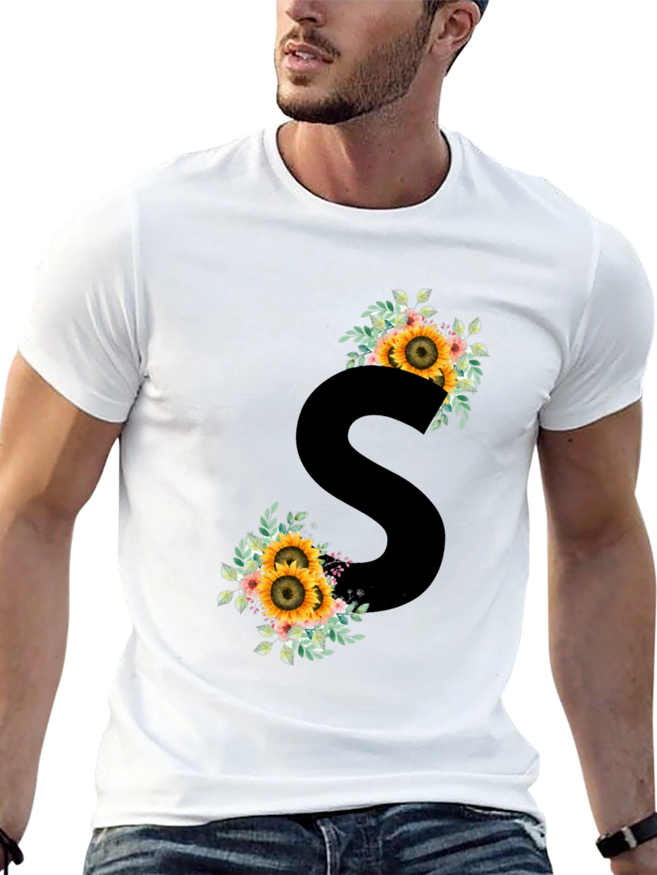 Floral Initial S Black T-Shirt