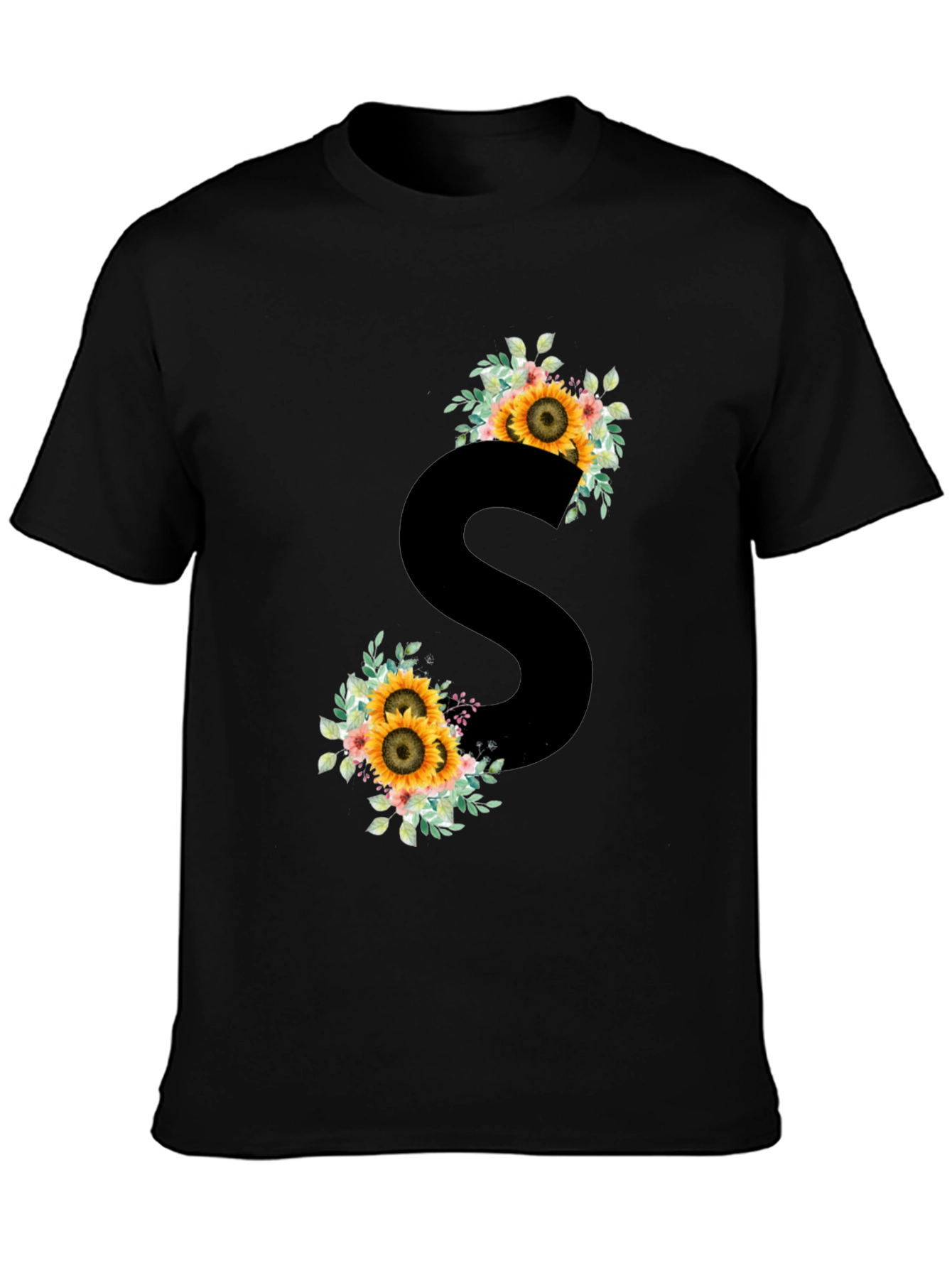 Floral Initial S Black T-Shirt