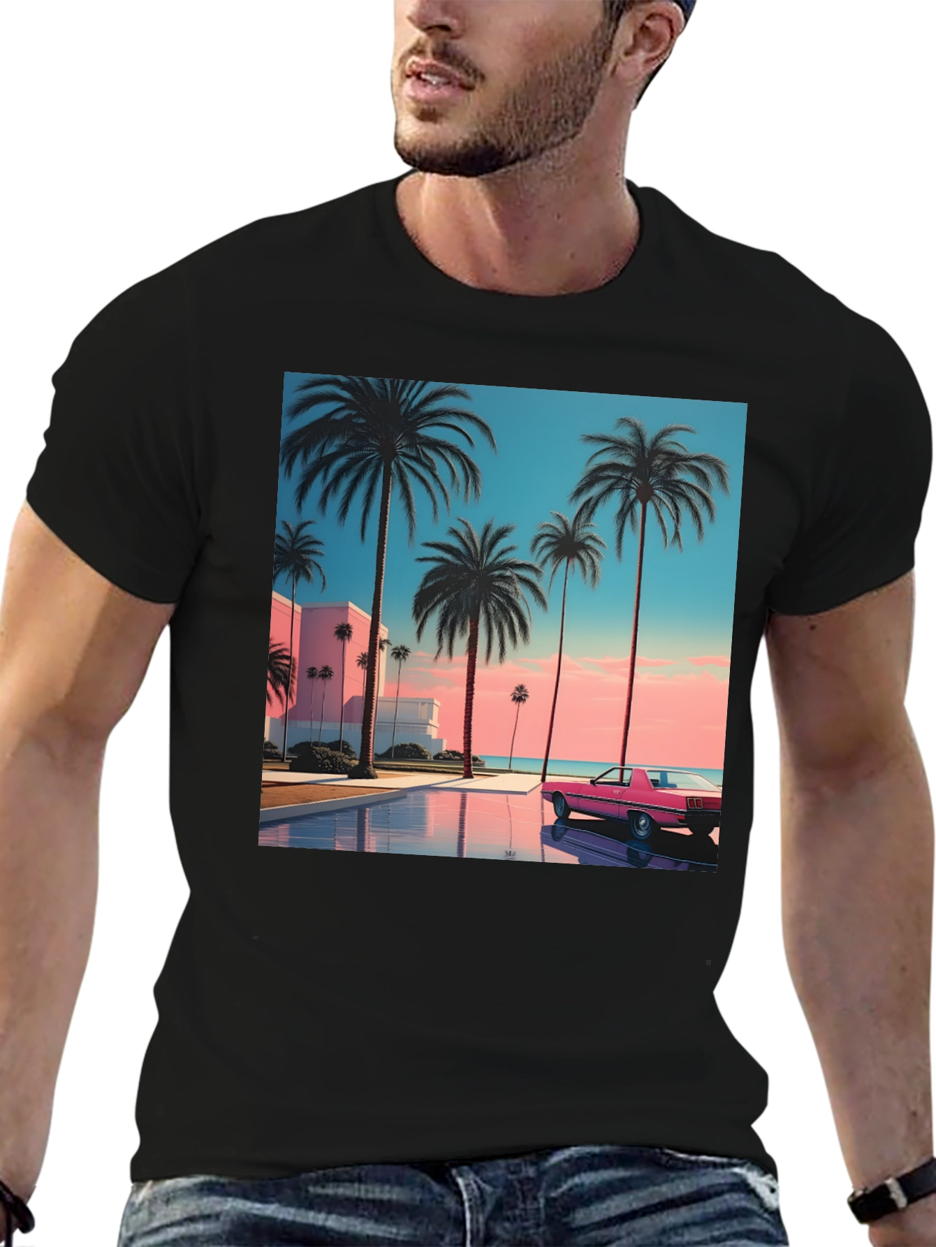 Sunset Palm Tee - Retro Miami Vice Style