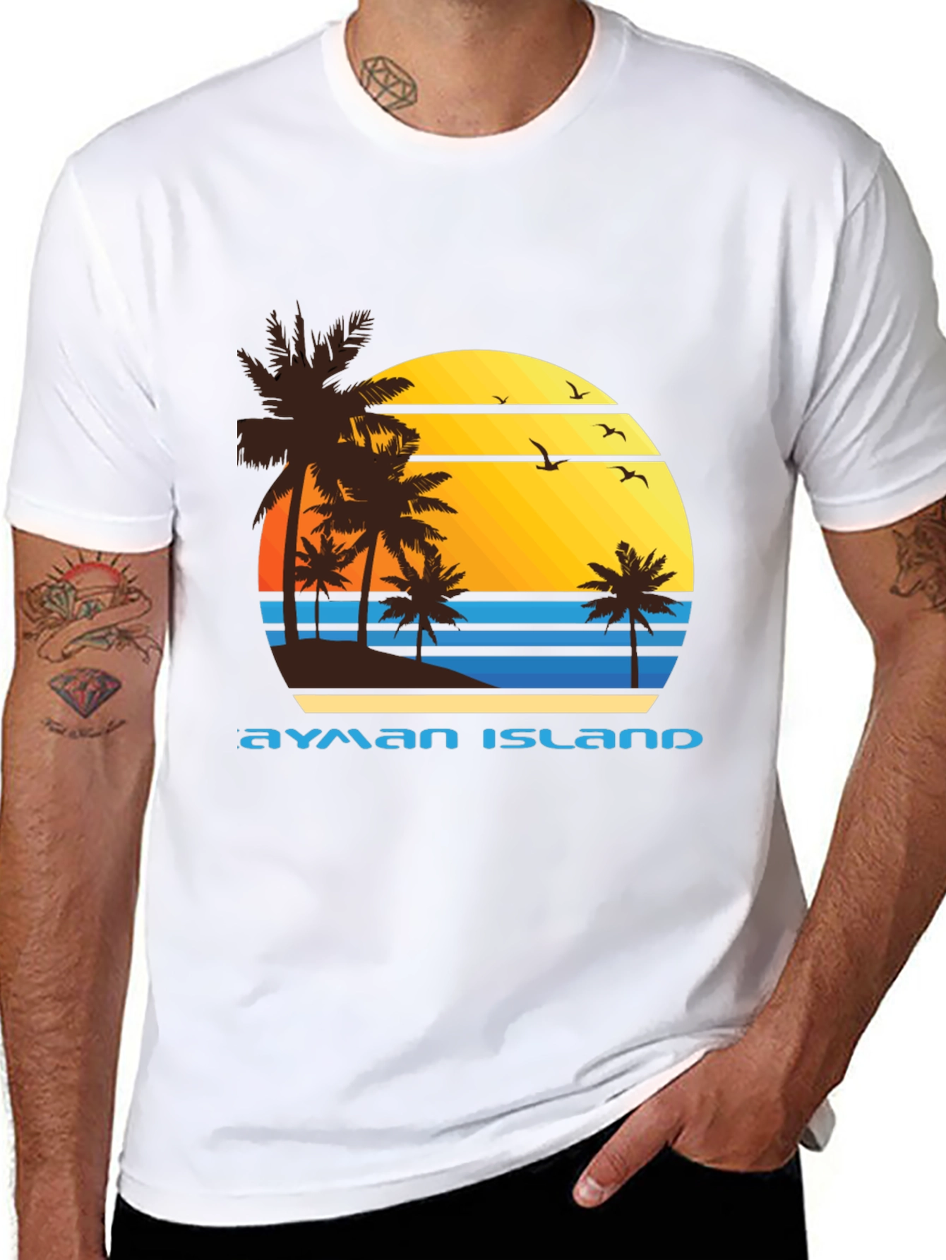 Ayman Island Graphic Tee - Retro Sunset Palm Design