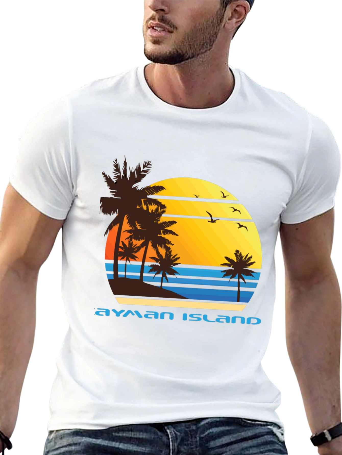 Ayman Island Graphic Tee - Retro Sunset Palm Design
