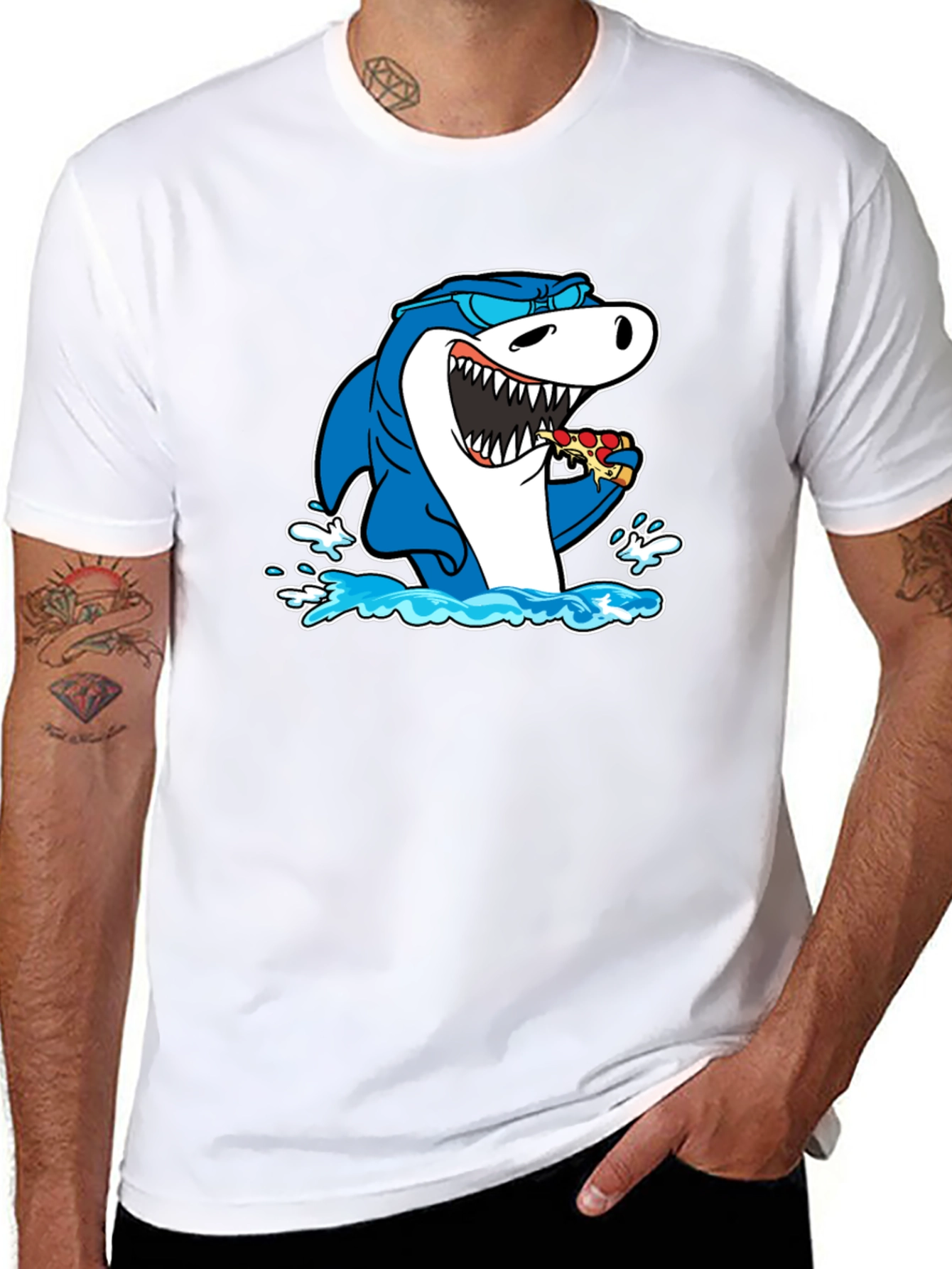 Shark Eating Pizza T-Shirt - Black Cotton Graphic Tee