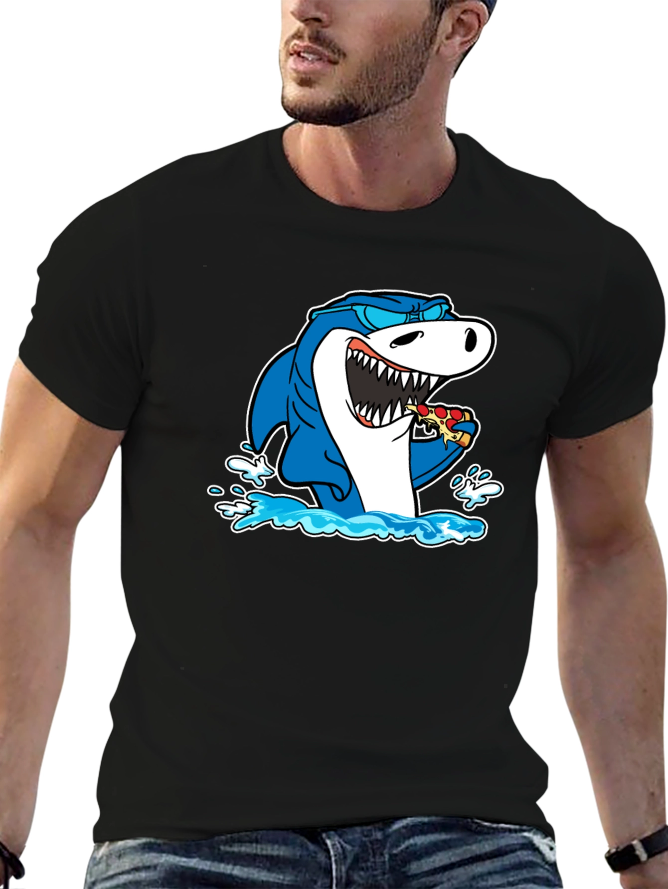 Shark Eating Pizza T-Shirt - Black Cotton Graphic Tee