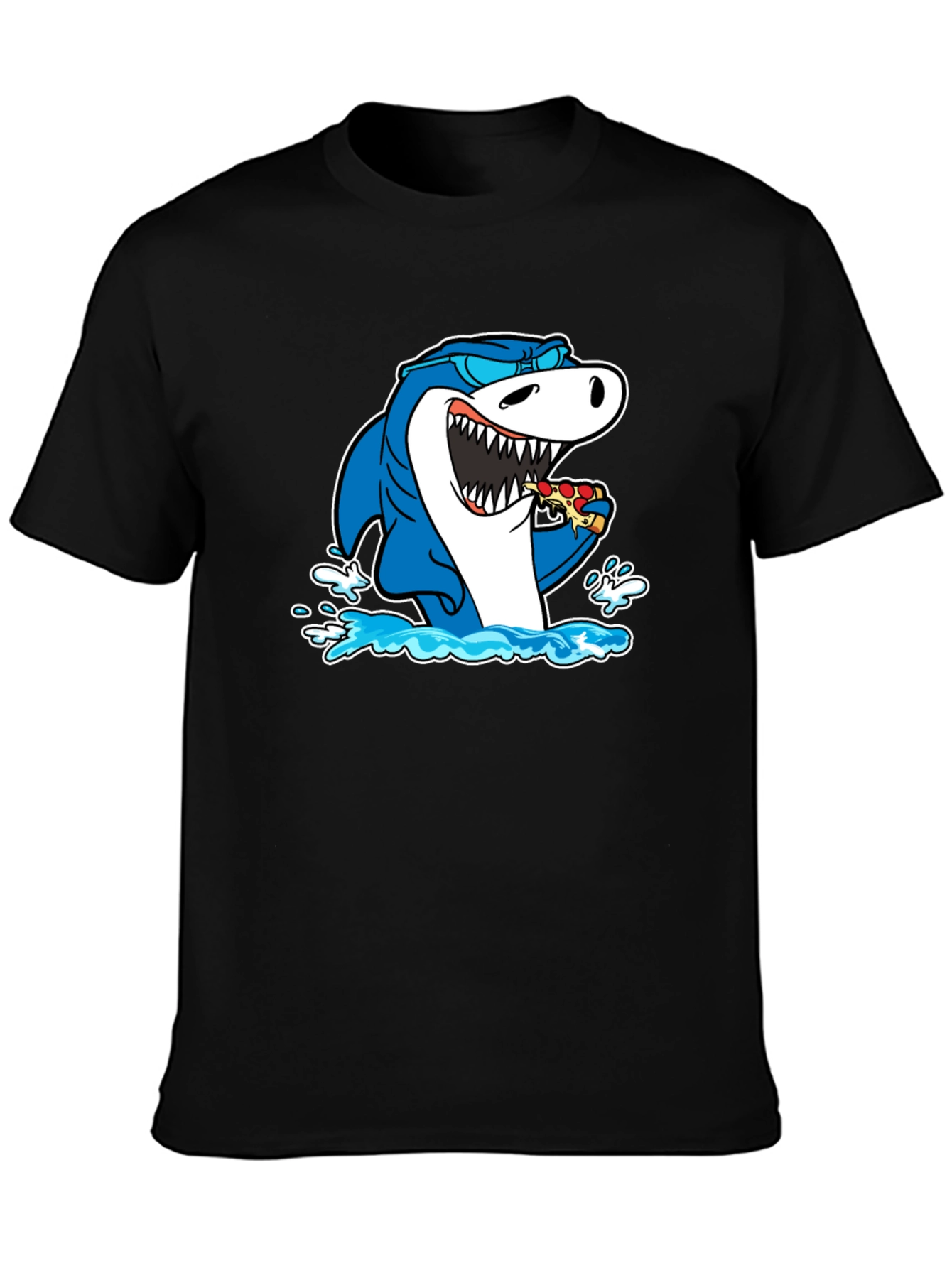 Shark Eating Pizza T-Shirt - Black Cotton Graphic Tee