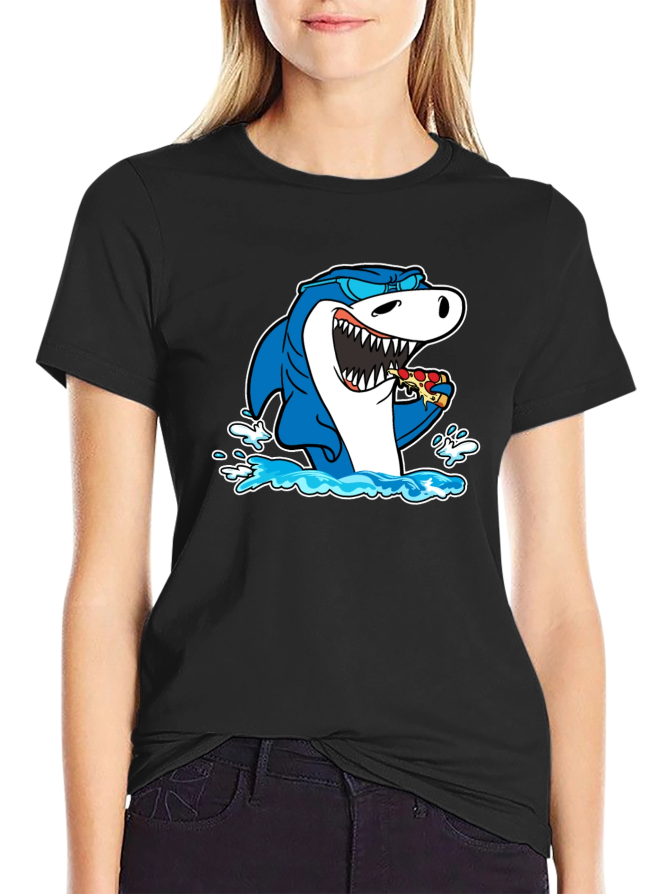 Shark Eating Pizza T-Shirt - Black Cotton Graphic Tee