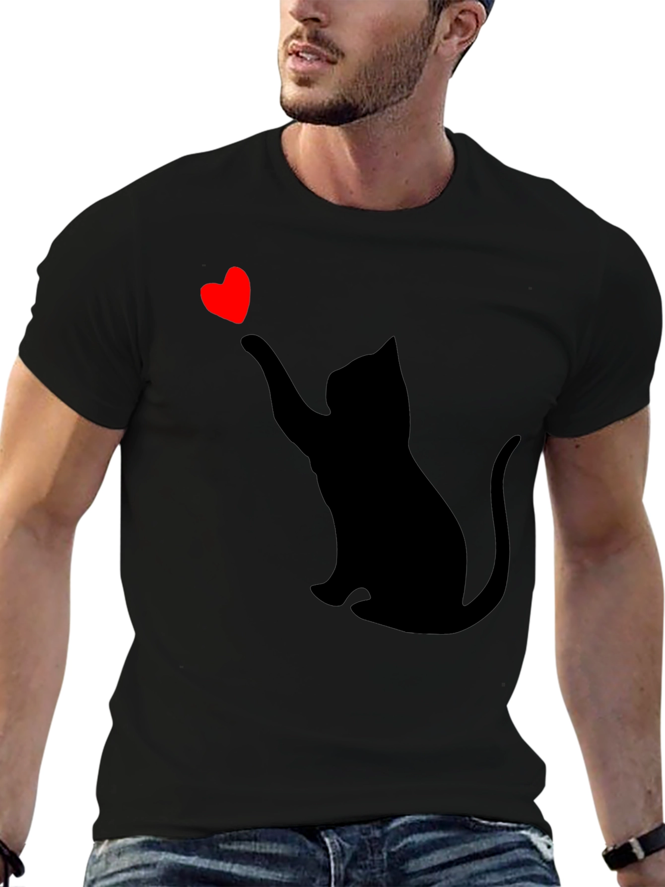 Cat Heart Graphic Tee - Black Casual T-Shirt