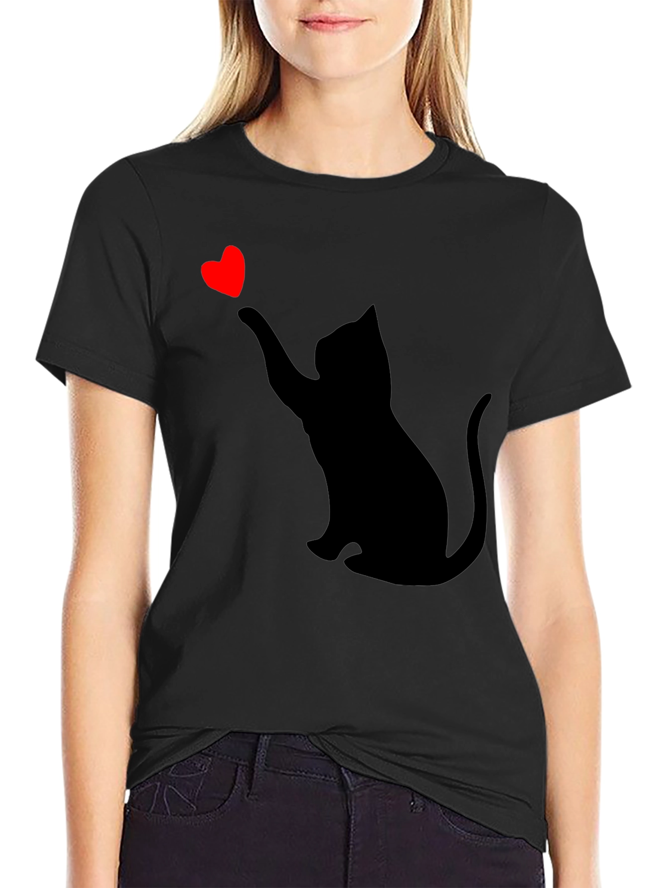 Cat Heart Graphic Tee - Black Casual T-Shirt