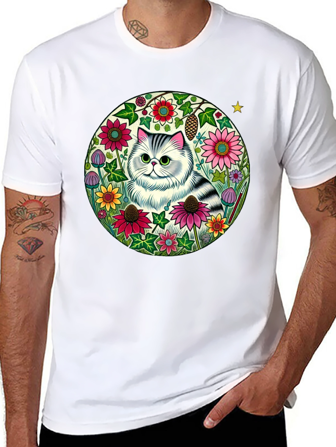 Floral Cat Graphic Tee - Black