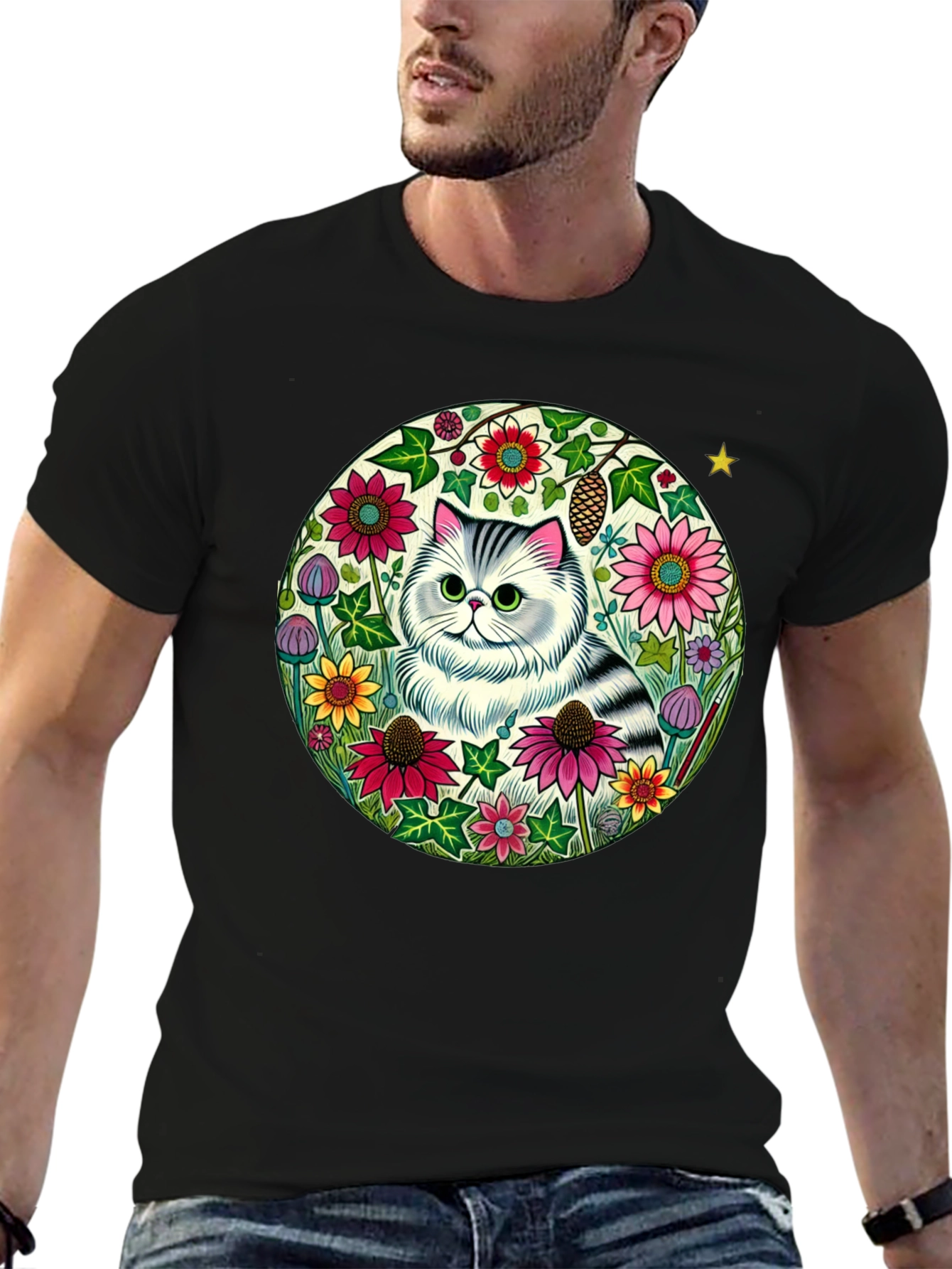 Floral Cat Graphic Tee - Black