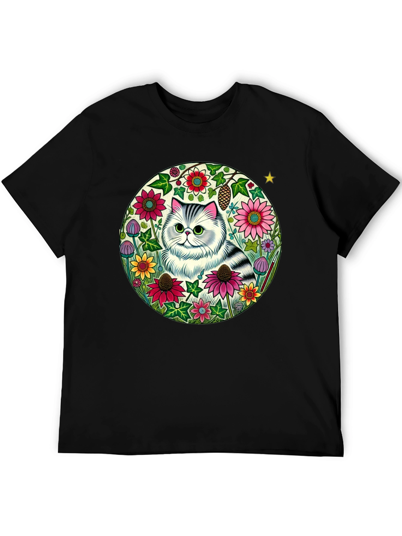 Floral Cat Graphic Tee - Black