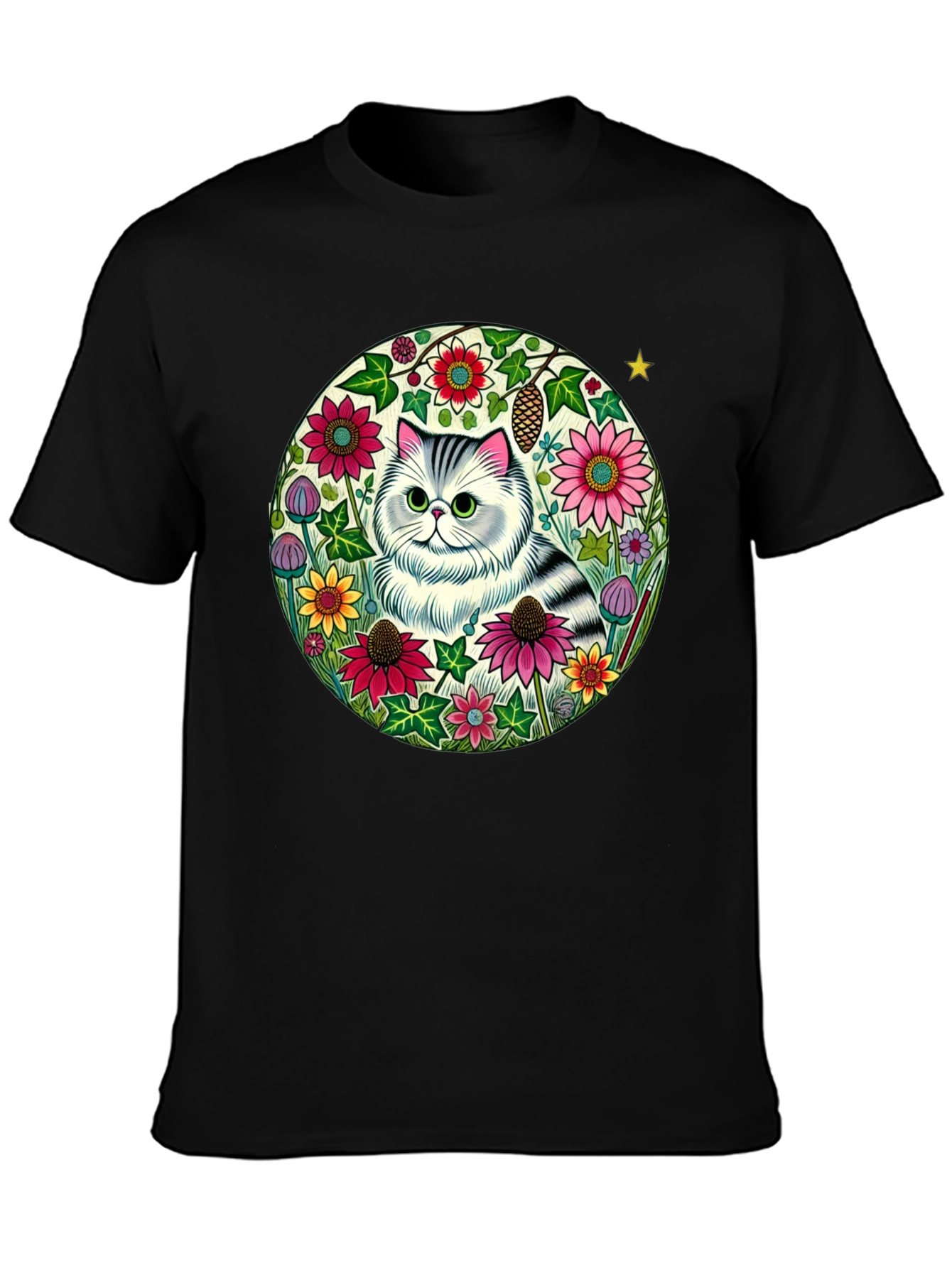 Floral Cat Graphic Tee - Black