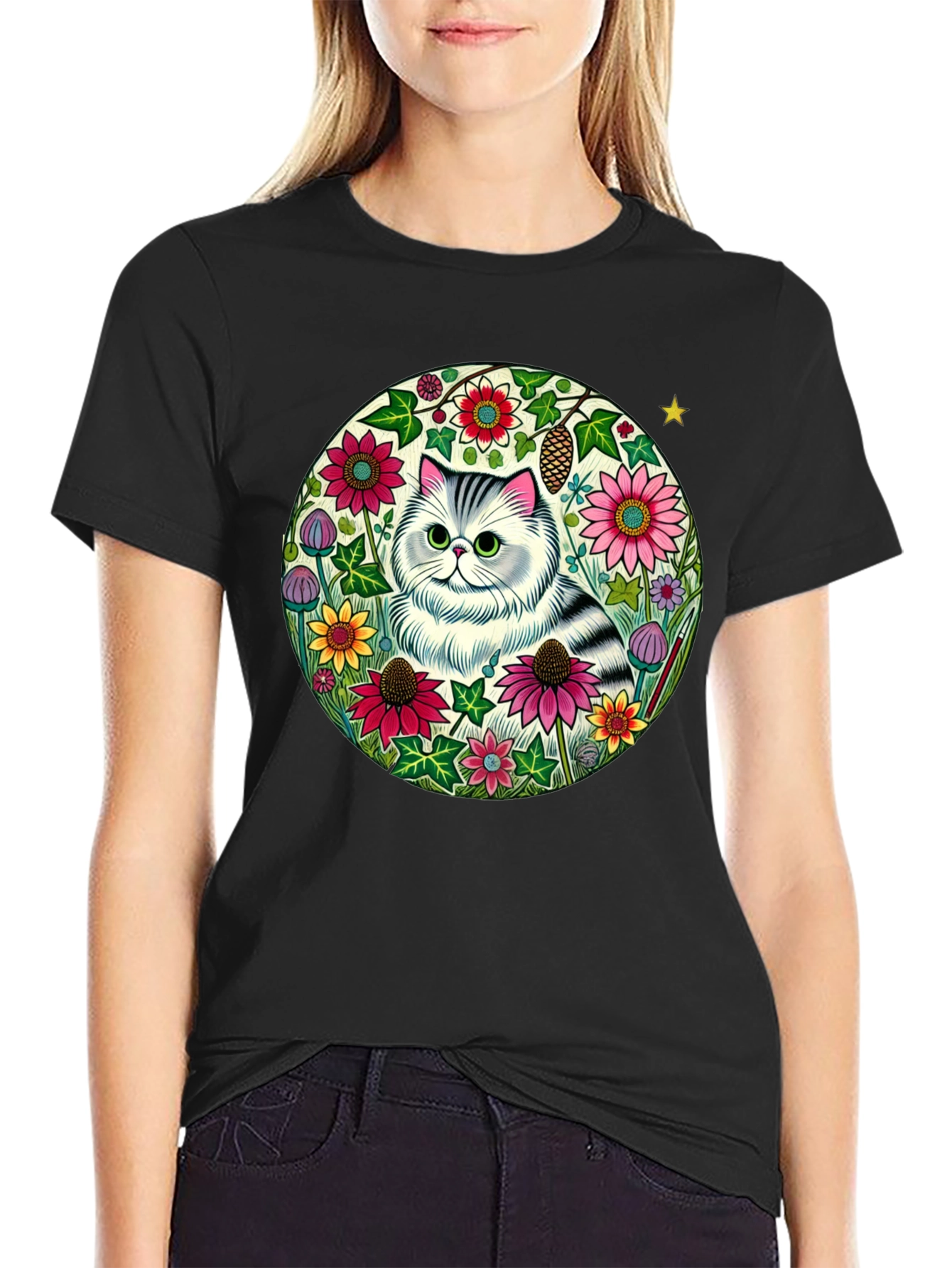 Floral Cat Graphic Tee - Black