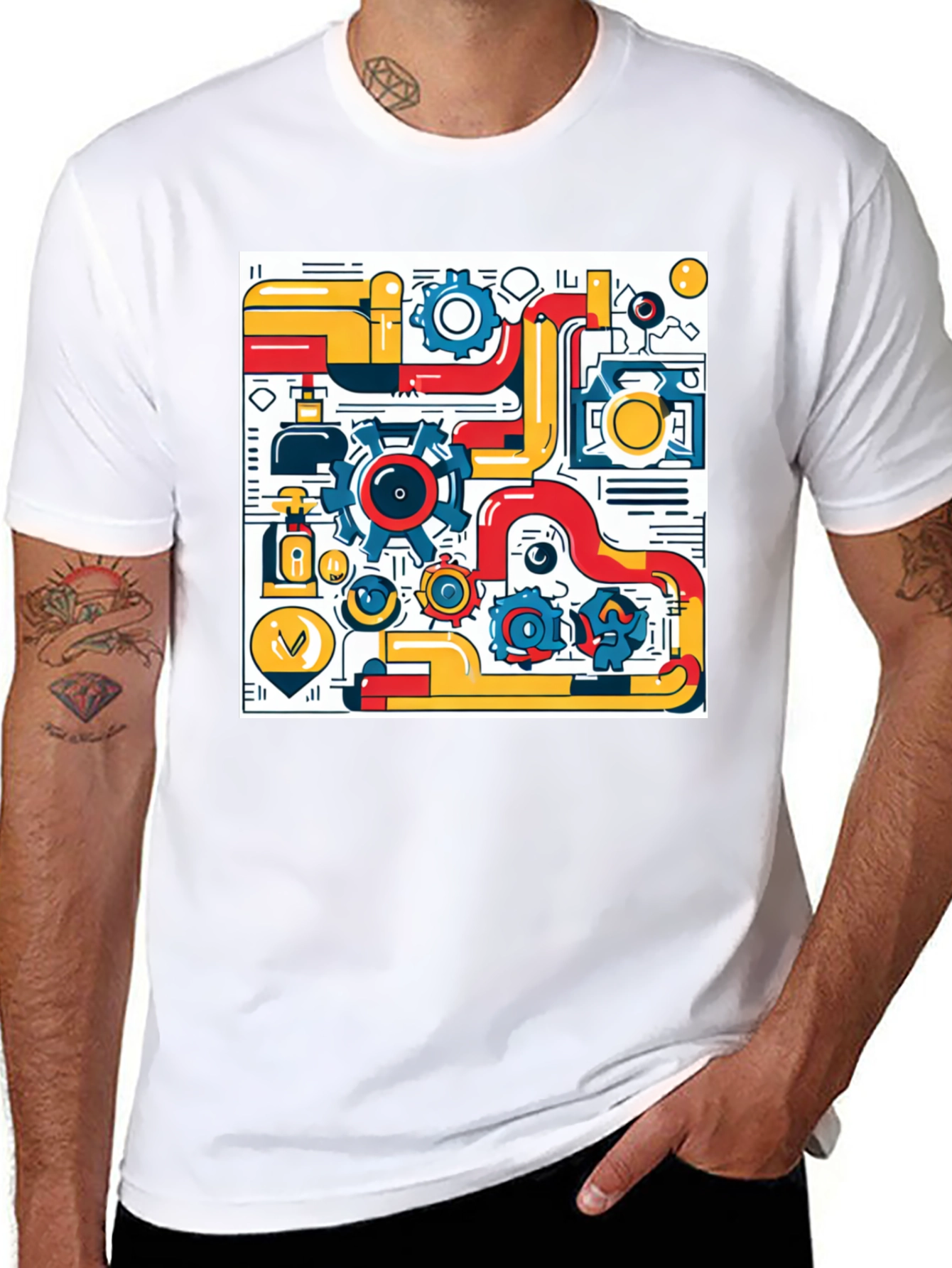 Geometric Machinery Graphic Tee - Modern Black T-Shirt