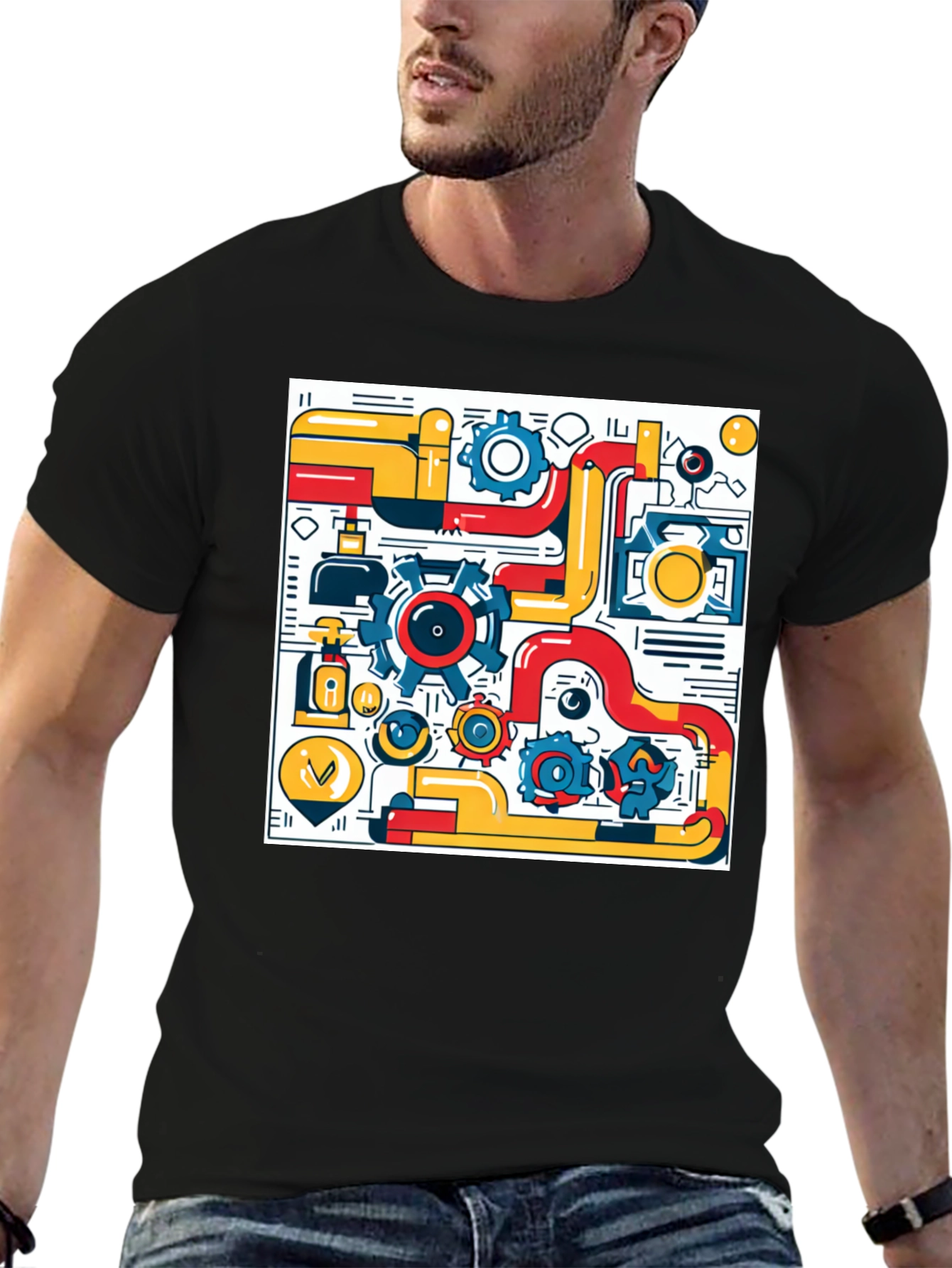 Geometric Machinery Graphic Tee - Modern Black T-Shirt