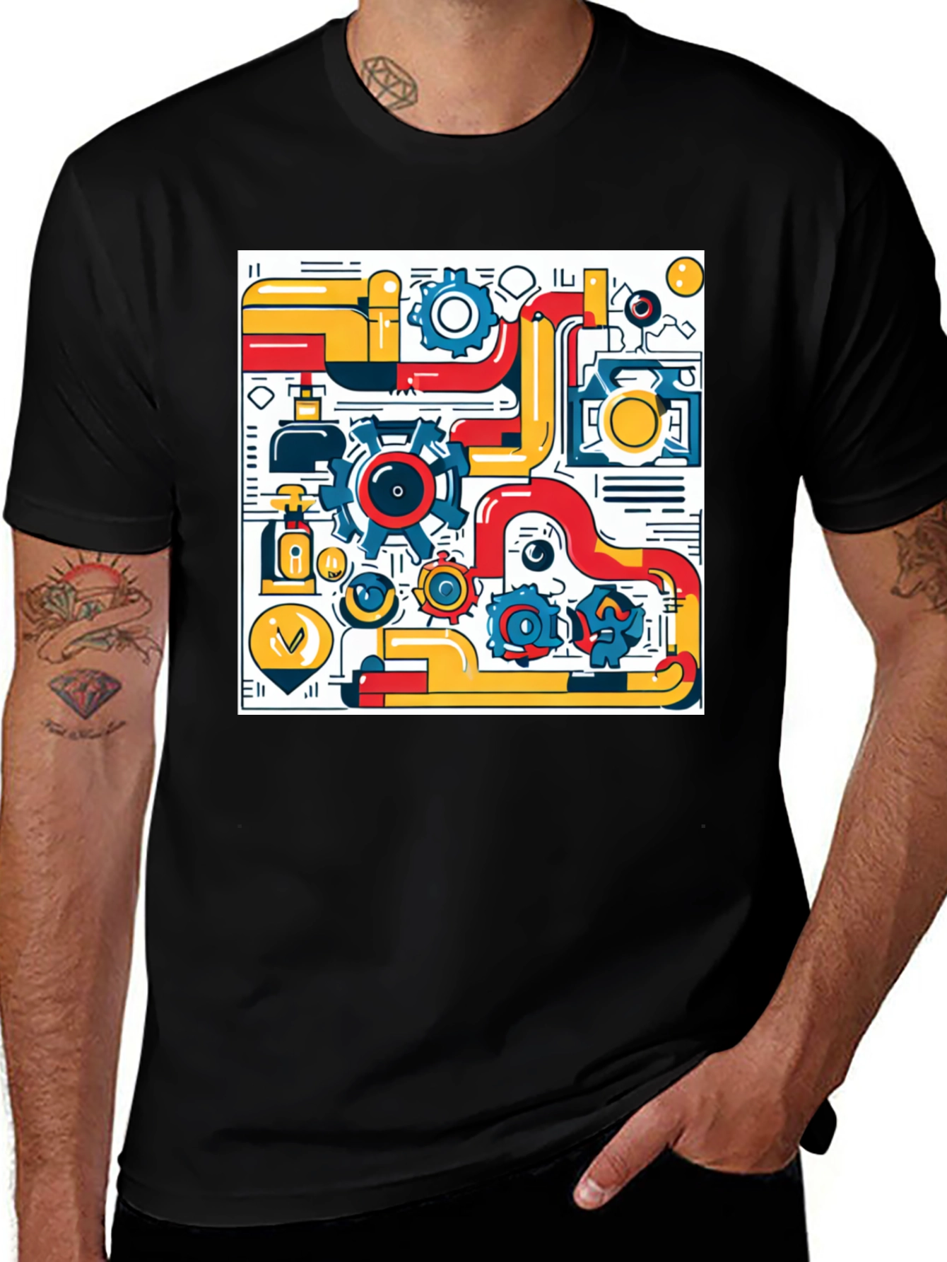 Geometric Machinery Graphic Tee - Modern Black T-Shirt