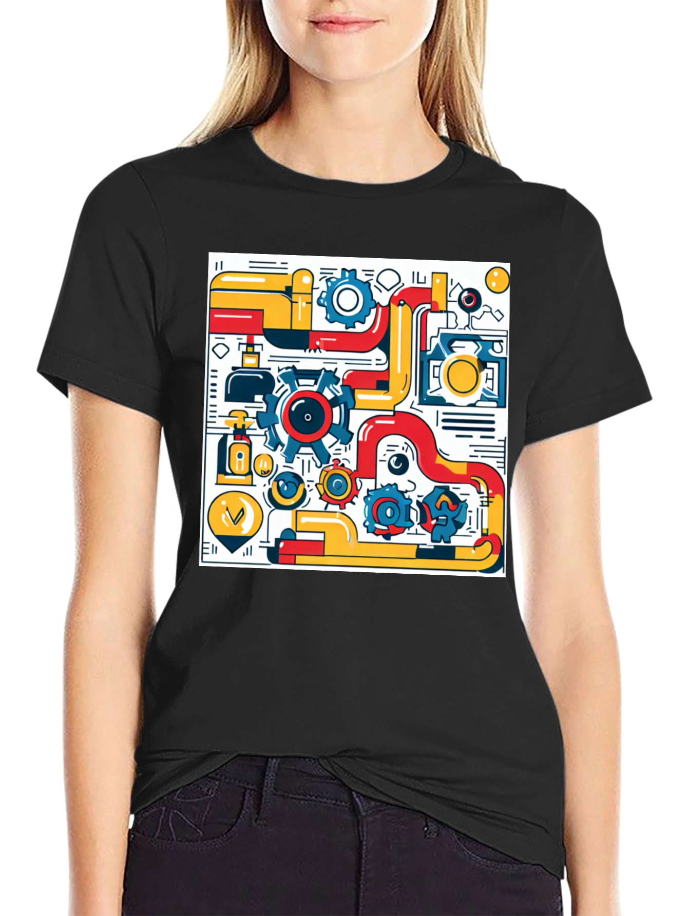 Geometric Machinery Graphic Tee - Modern Black T-Shirt
