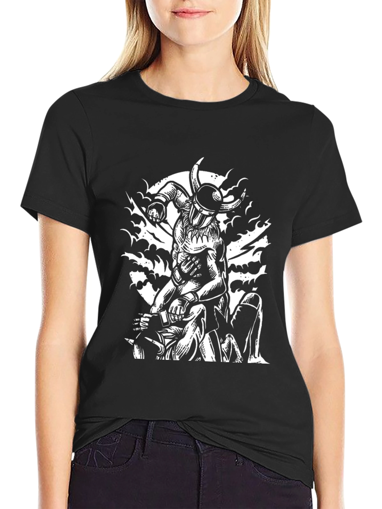 Viking Warrior Graphic Print Black T-Shirt