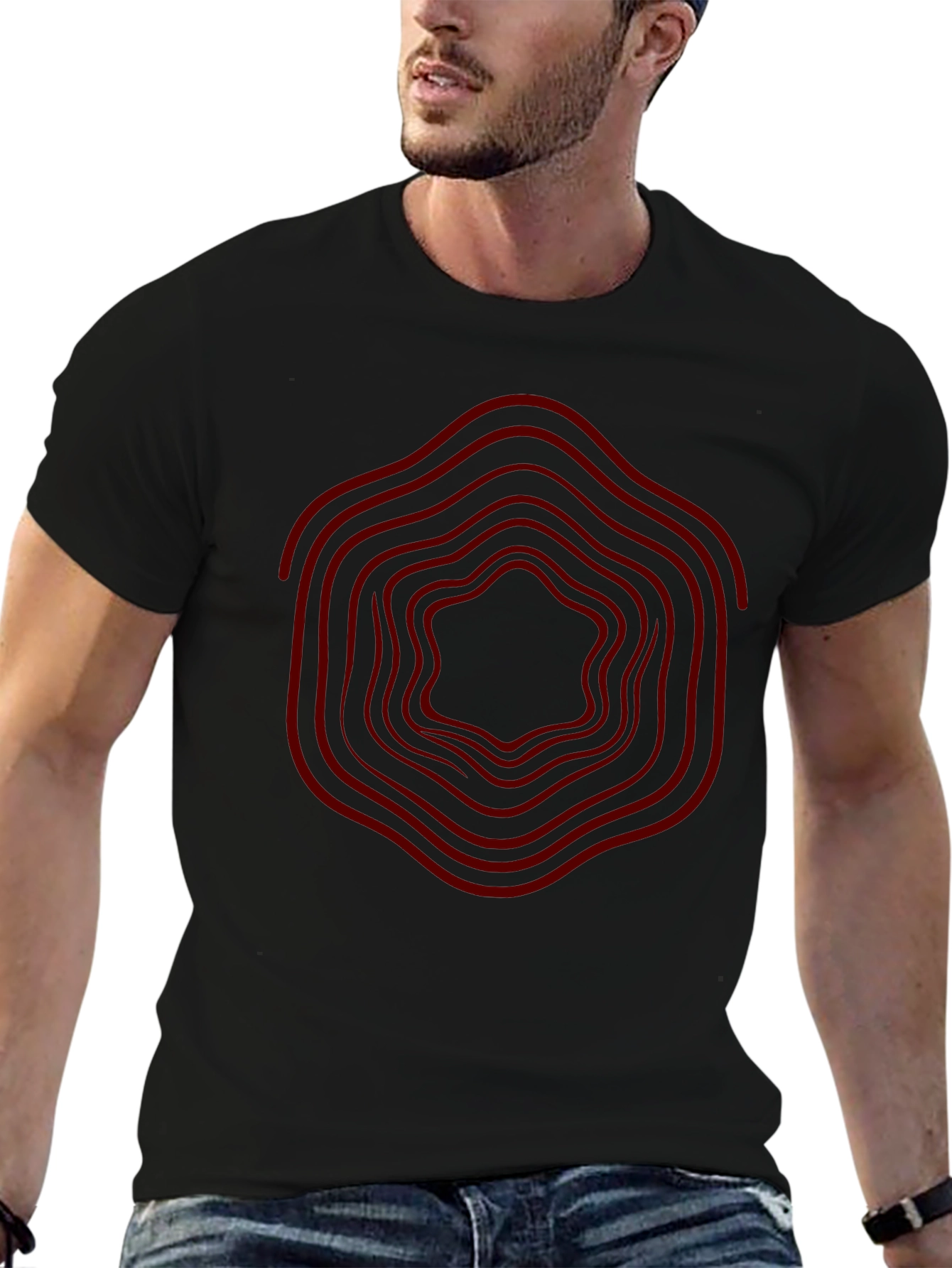 Geometric Red Wave Design Black T-Shirt
