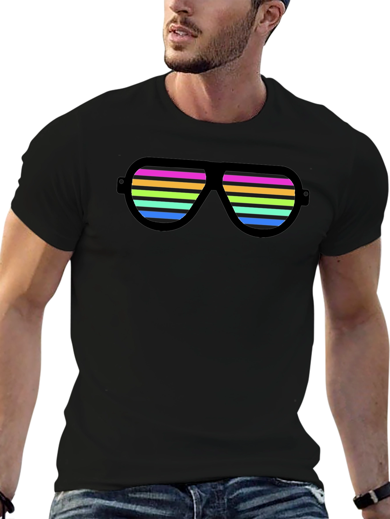 Retro Striped Sunglasses Graphic Tee - Black