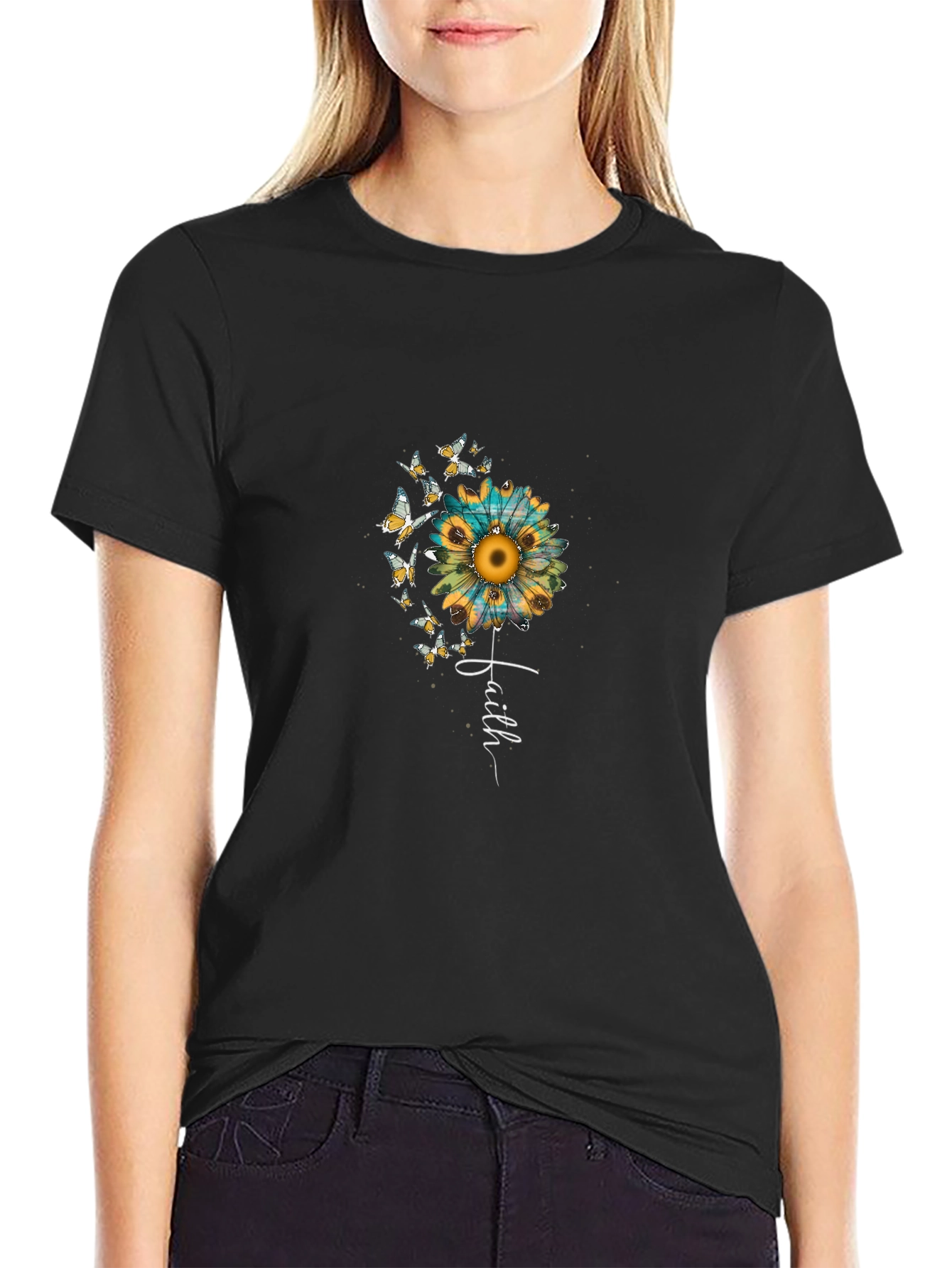 Faith Sunflower Butterfly Graphic Black Tee