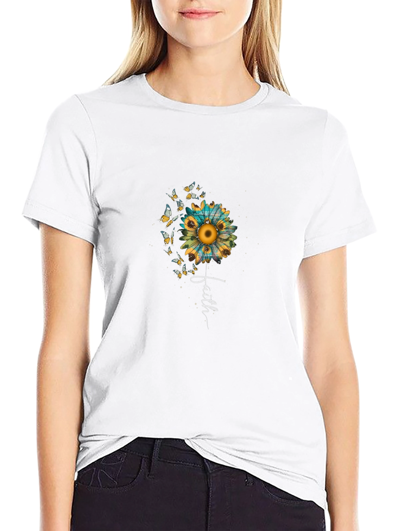 Faith Sunflower Butterfly Graphic Black Tee