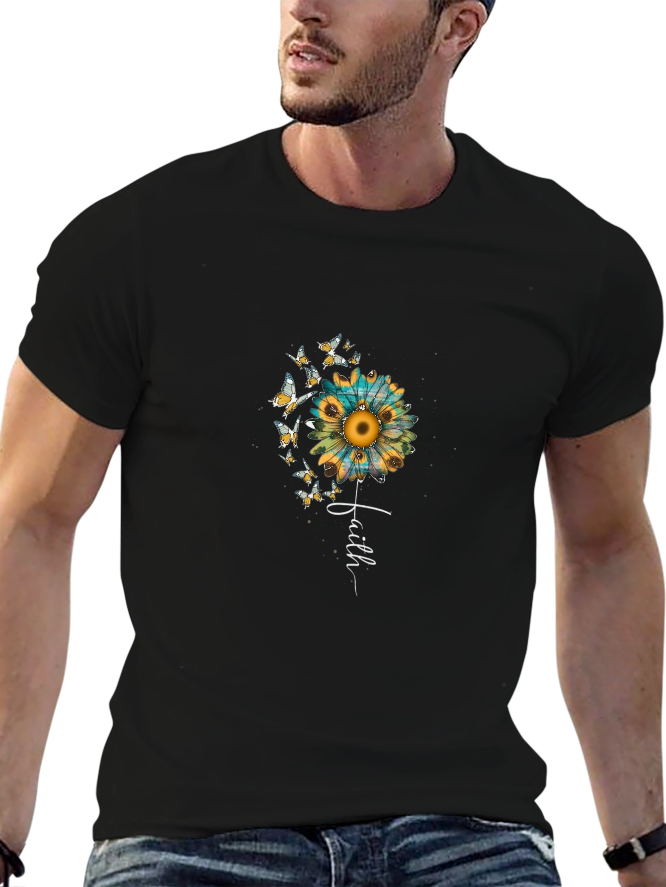 Faith Sunflower Butterfly Graphic Black Tee