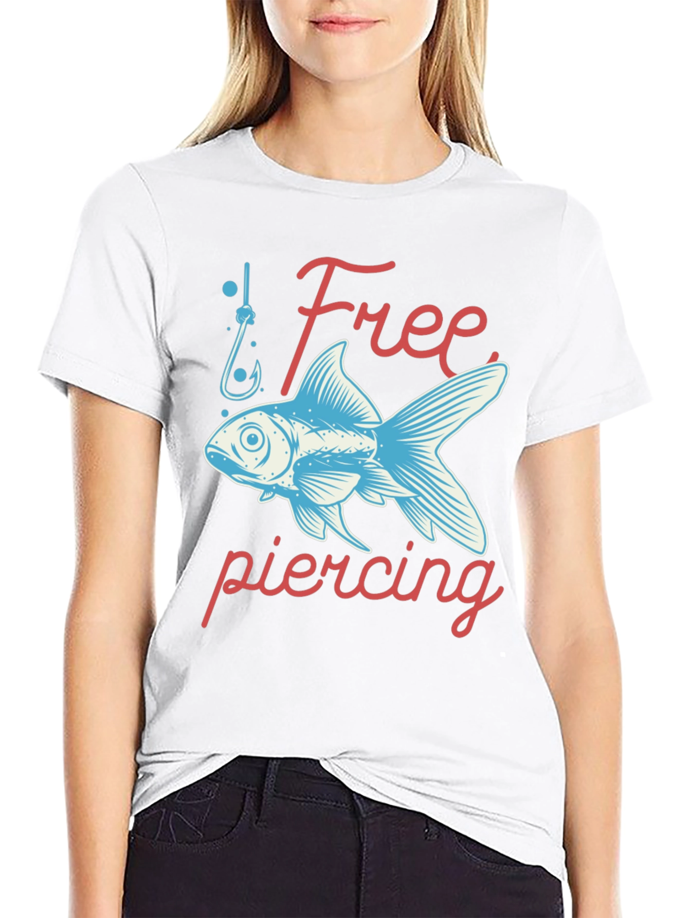 Free Piercing Fish Graphic Tee - Black Cotton T-Shirt