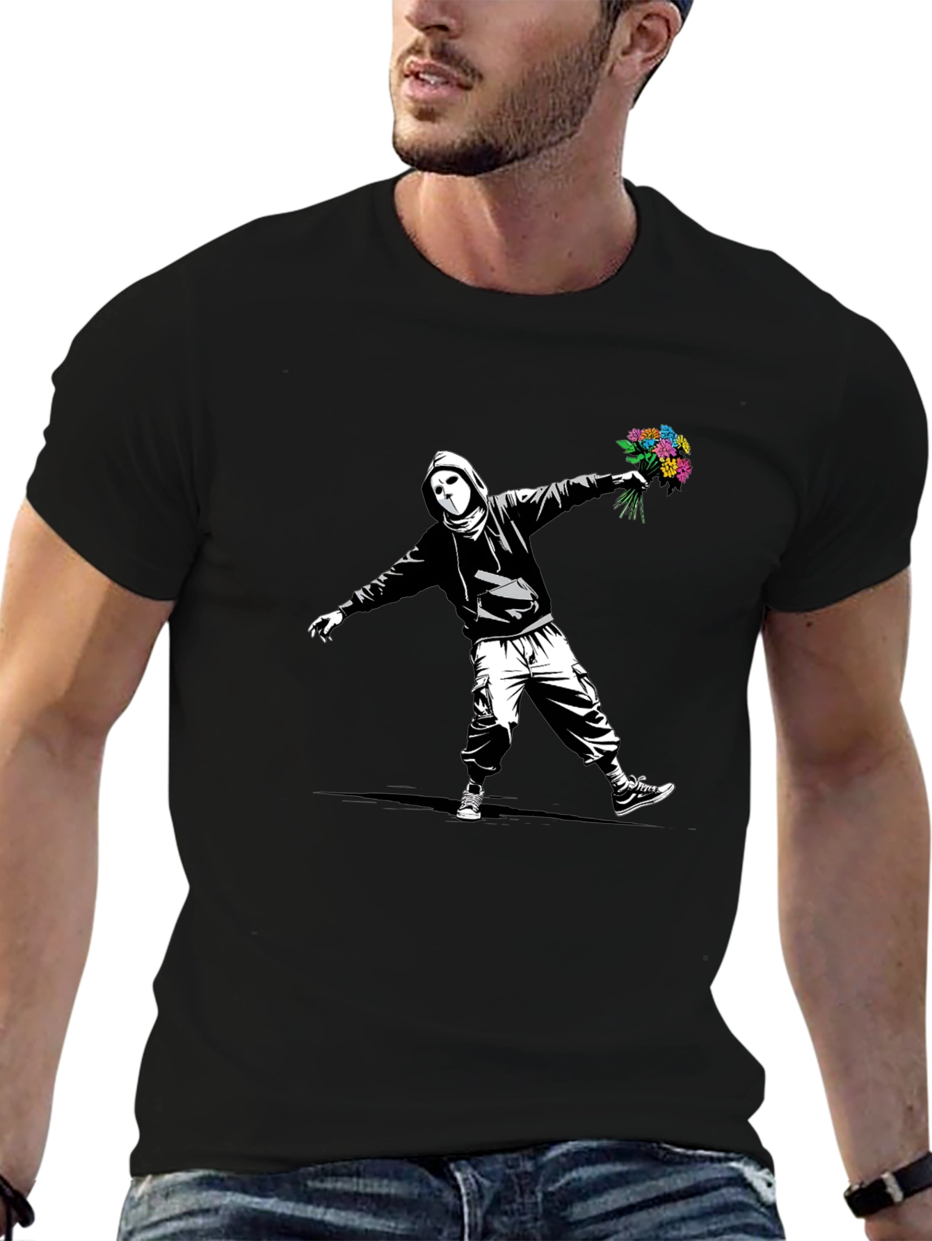 Banksy Flower Bomber Graphic Tee - Street Art Style