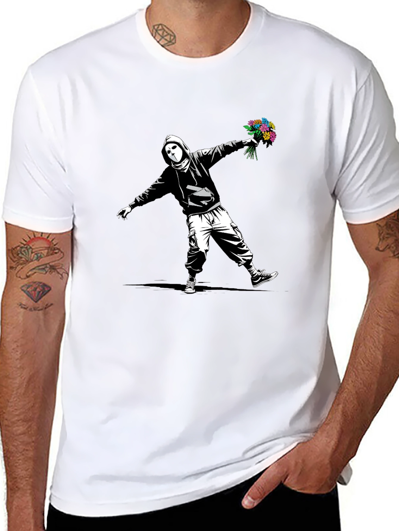 Banksy Flower Bomber Graphic Tee - Street Art Style