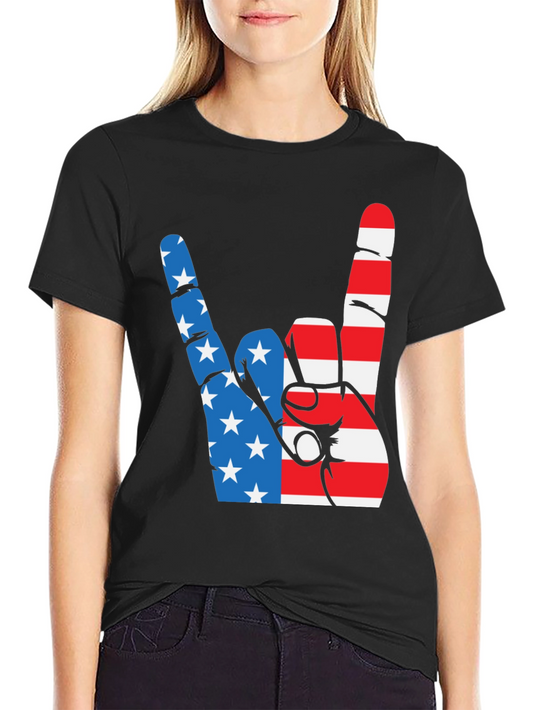 Patriotic Rock On Graphic Tee - USA Hand Sign
