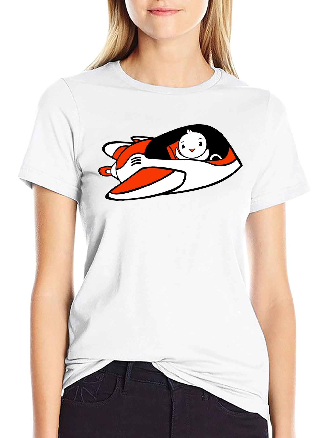 Cartoon Plane Graphic Tee - Black Cotton Blend
