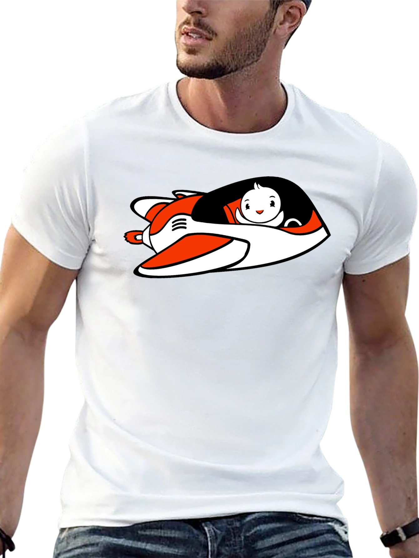 Cartoon Plane Graphic Tee - Black Cotton Blend