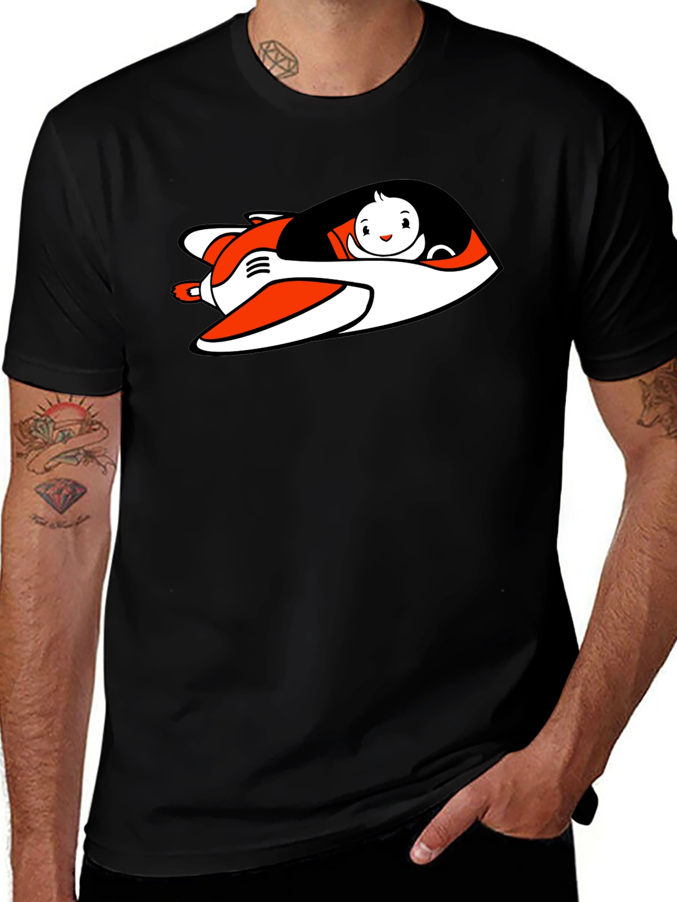 Cartoon Plane Graphic Tee - Black Cotton Blend