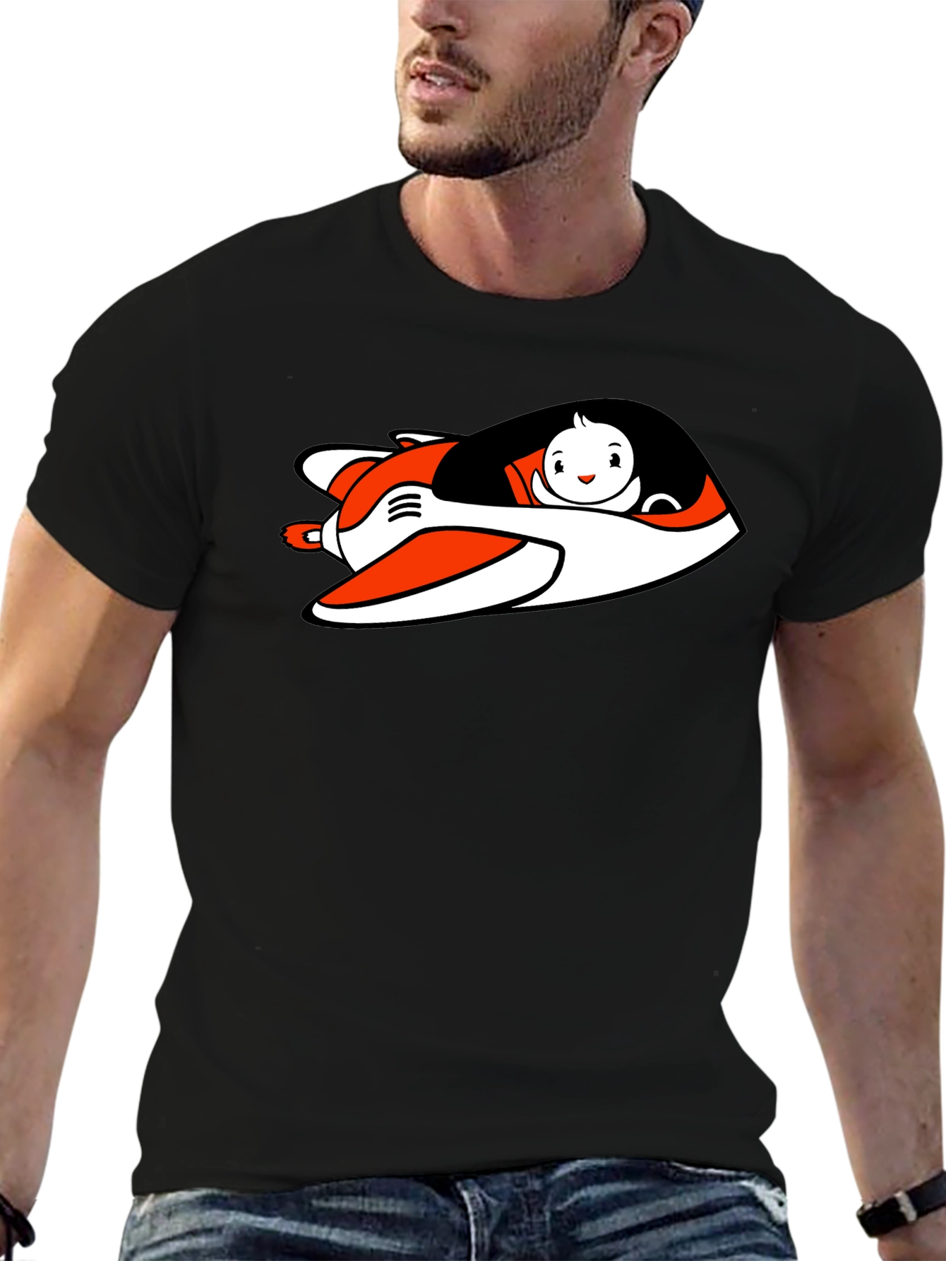 Cartoon Plane Graphic Tee - Black Cotton Blend