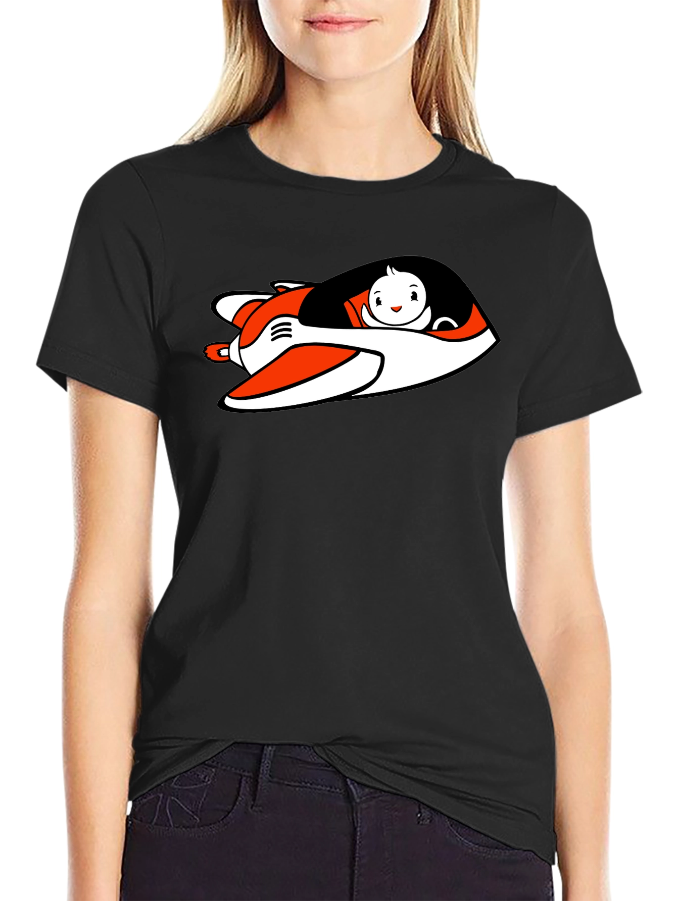 Cartoon Plane Graphic Tee - Black Cotton Blend