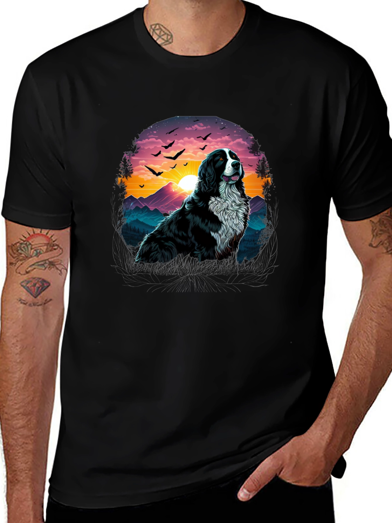 Dog & Sunset Graphic Black T-Shirt