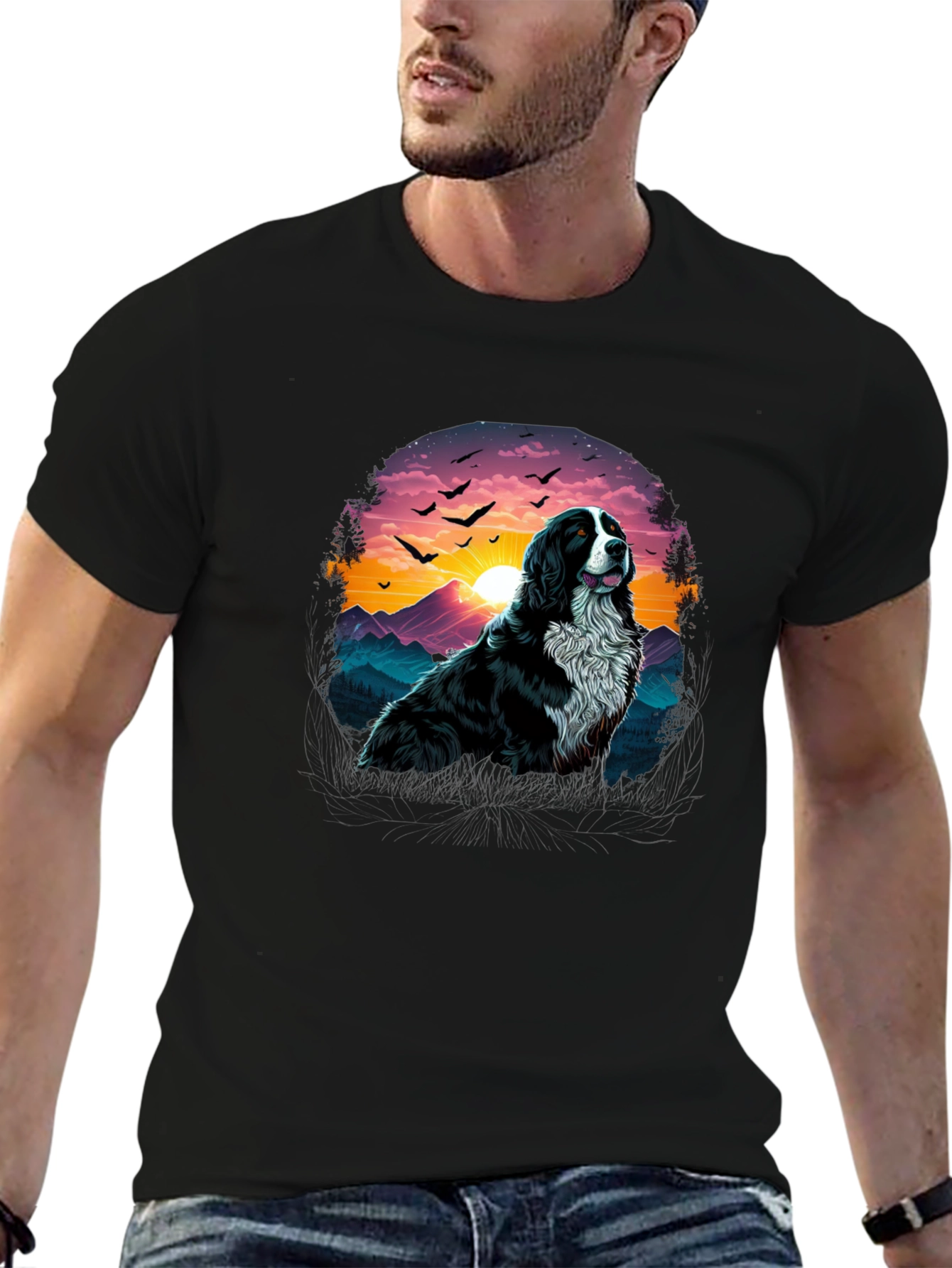 Dog & Sunset Graphic Black T-Shirt