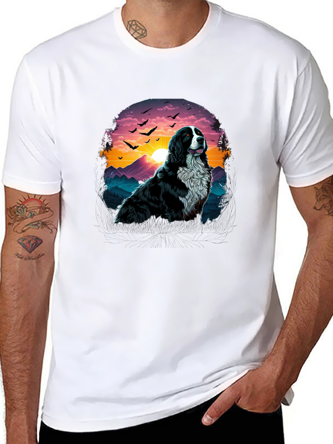 Dog & Sunset Graphic Black T-Shirt