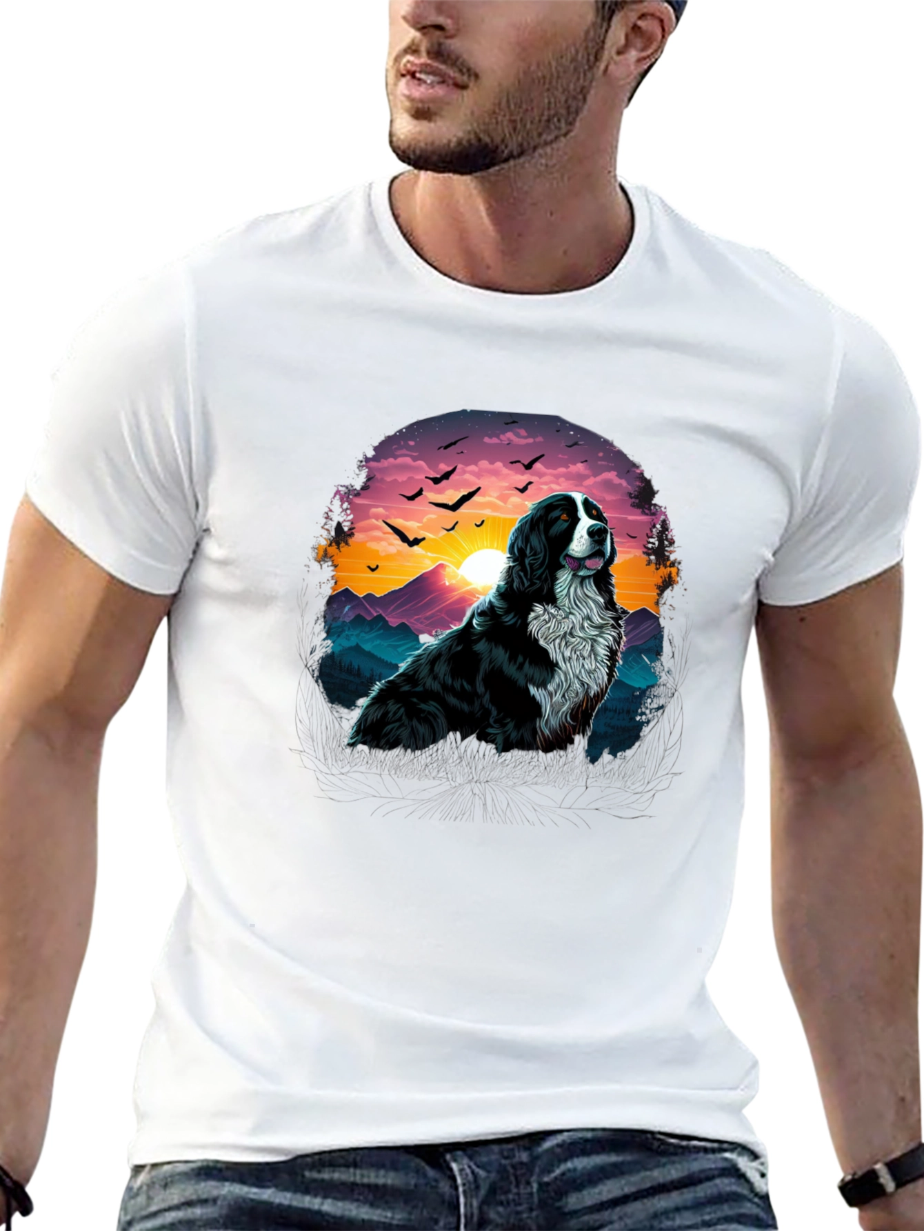 Dog & Sunset Graphic Black T-Shirt