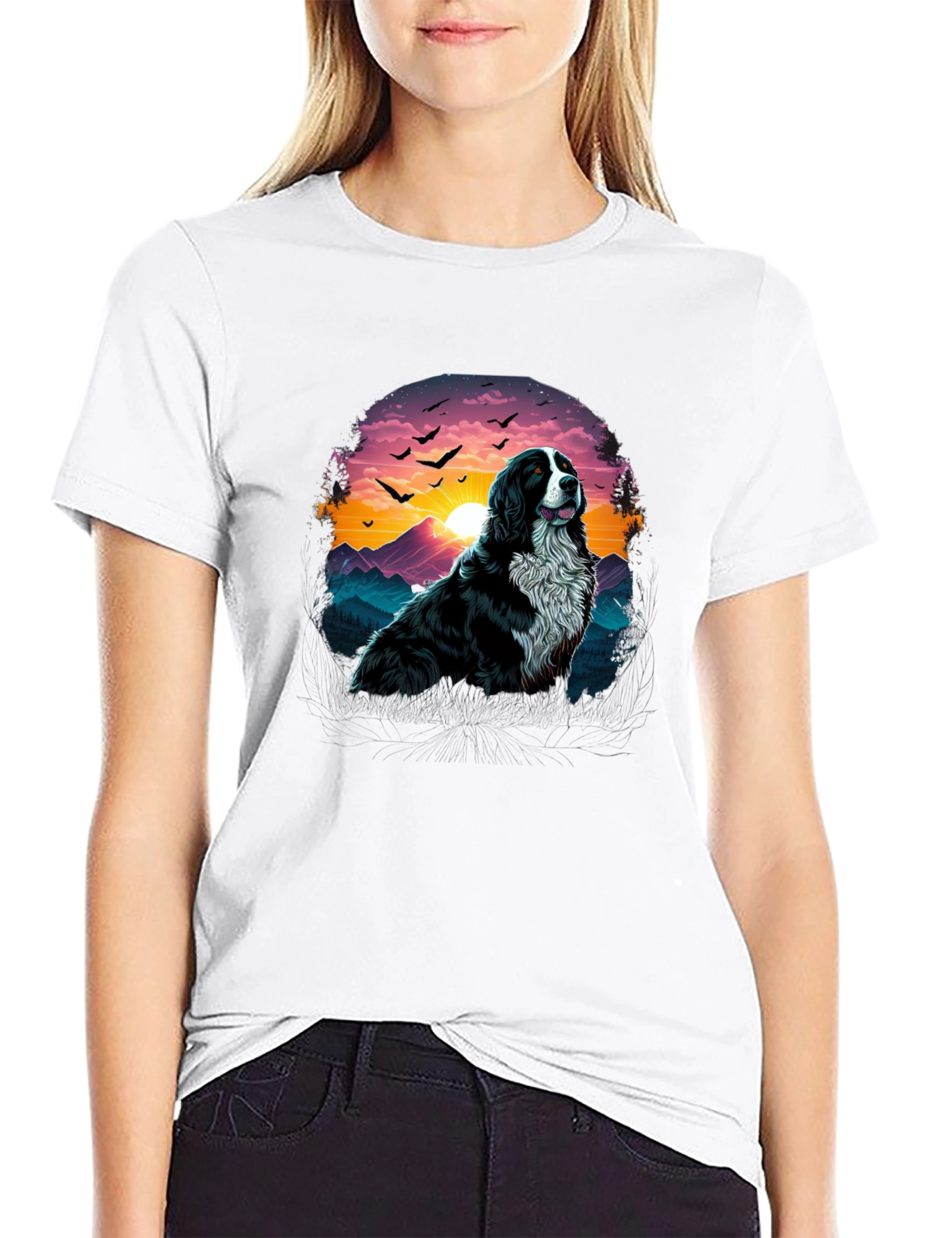 Dog & Sunset Graphic Black T-Shirt