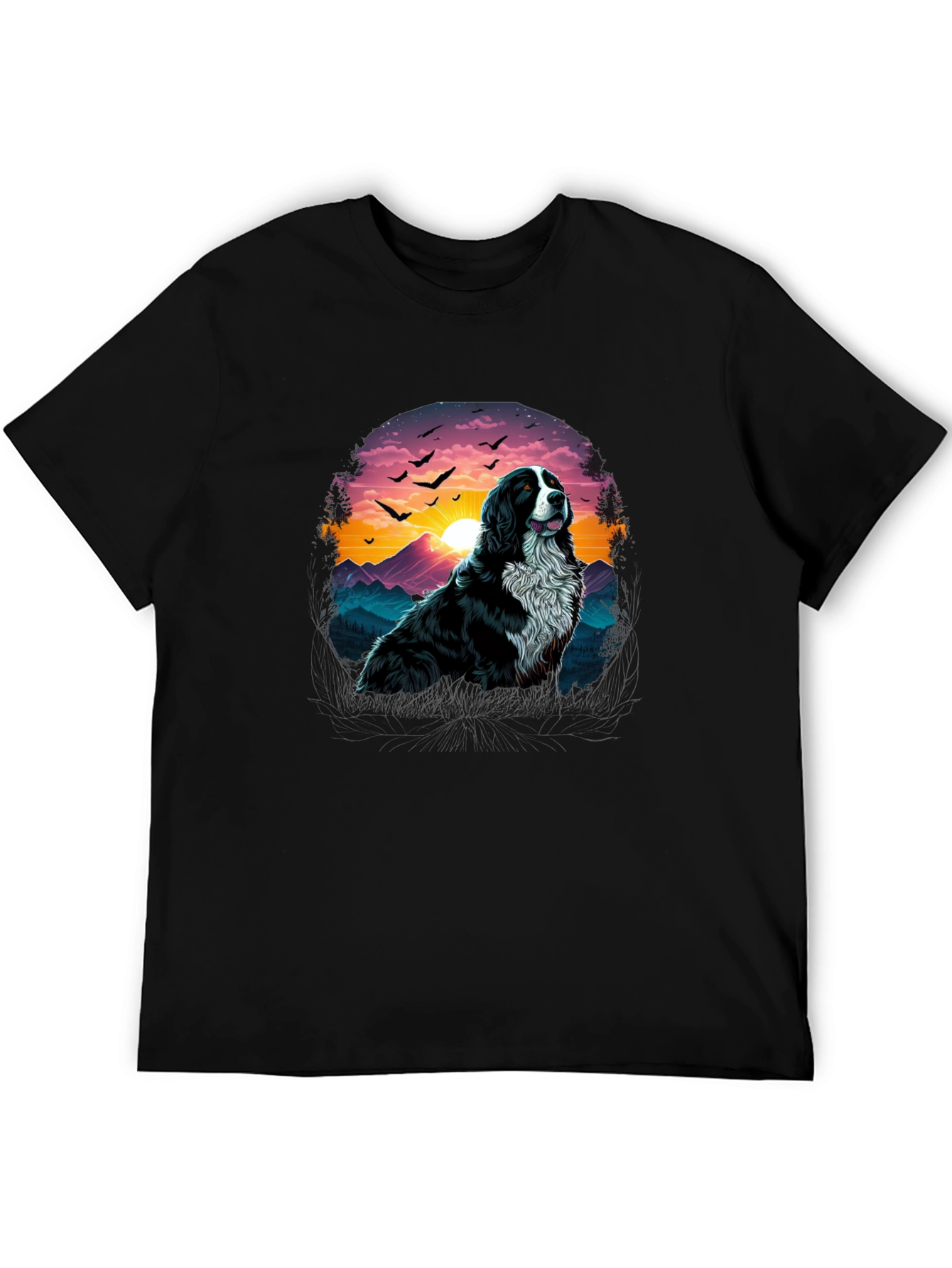 Dog & Sunset Graphic Black T-Shirt