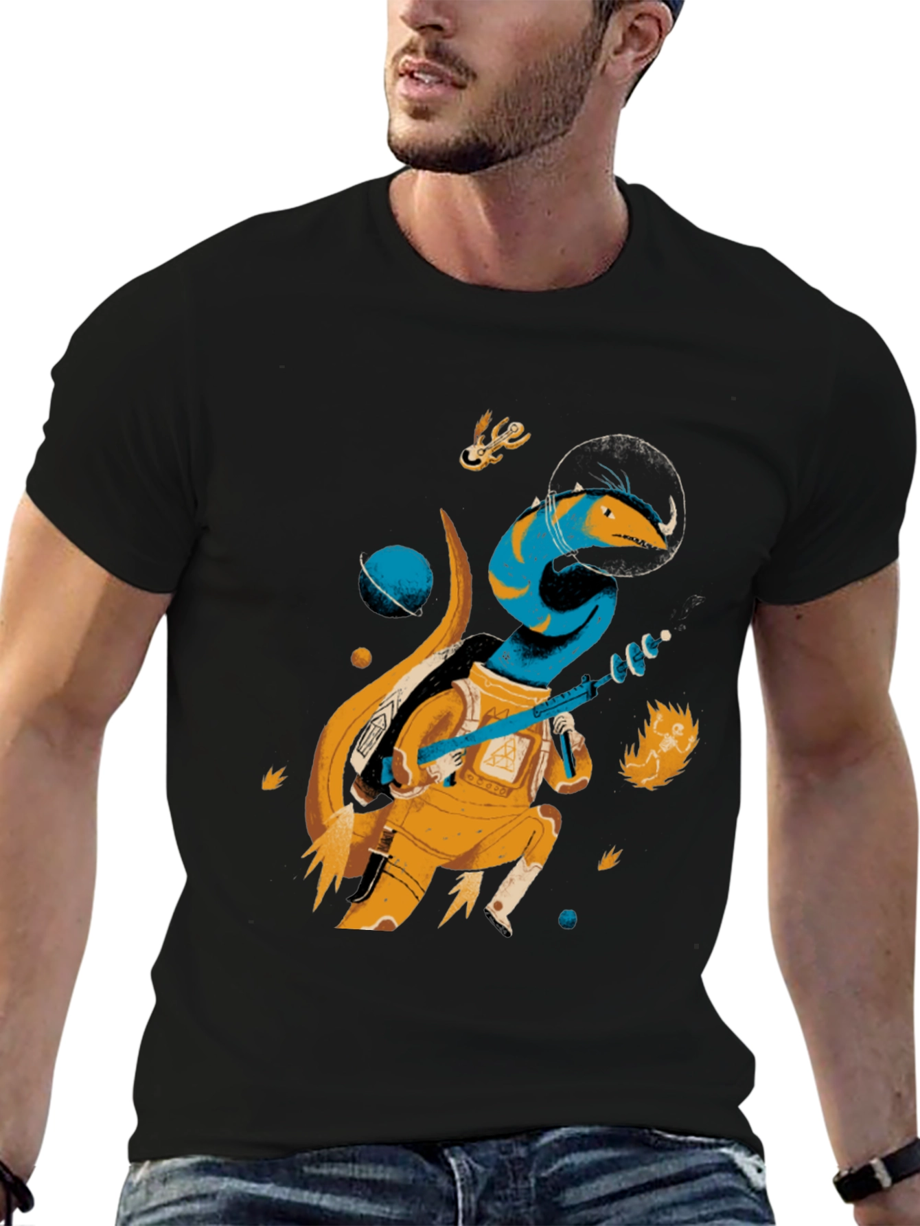 Space Lizard Graphic Tee - Black Cotton T-Shirt