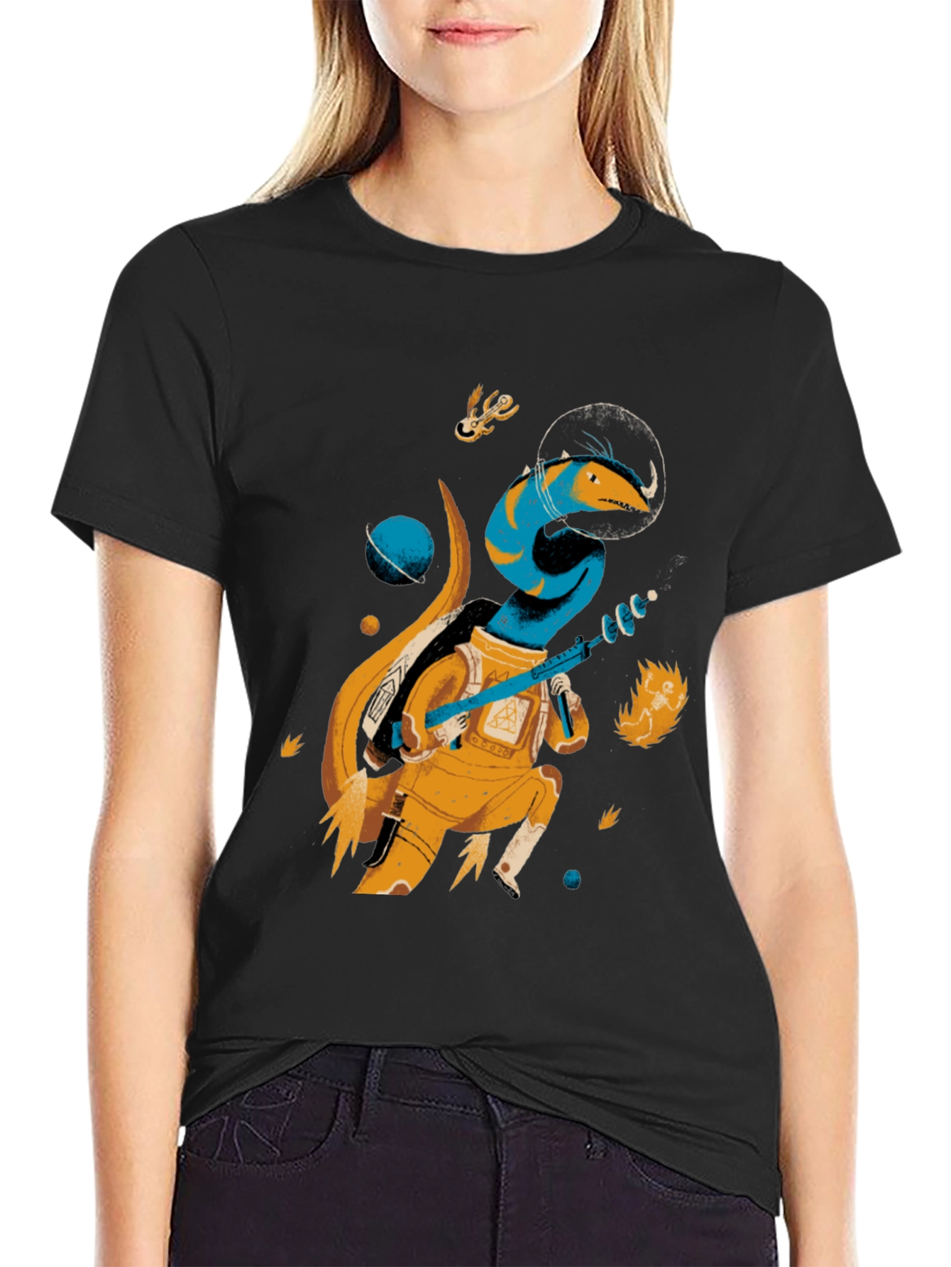 Space Lizard Graphic Tee - Black Cotton T-Shirt