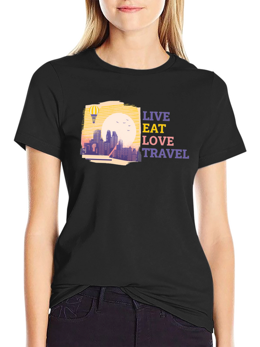 Live Eat Love Travel T-Shirt - Cityscape Hot Air Balloon Graphic
