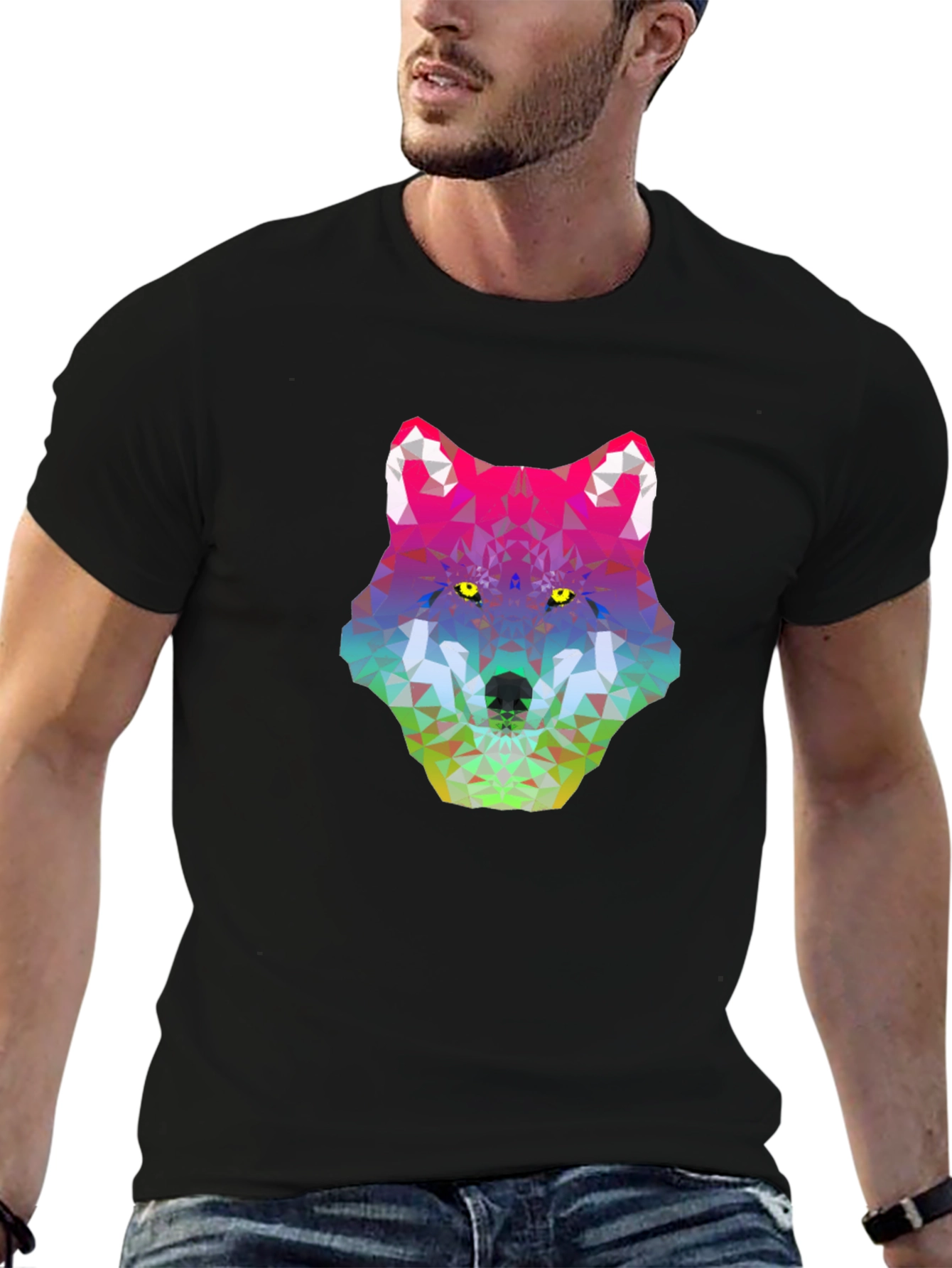 Geometric Wolf Head Graphic Tee - Black
